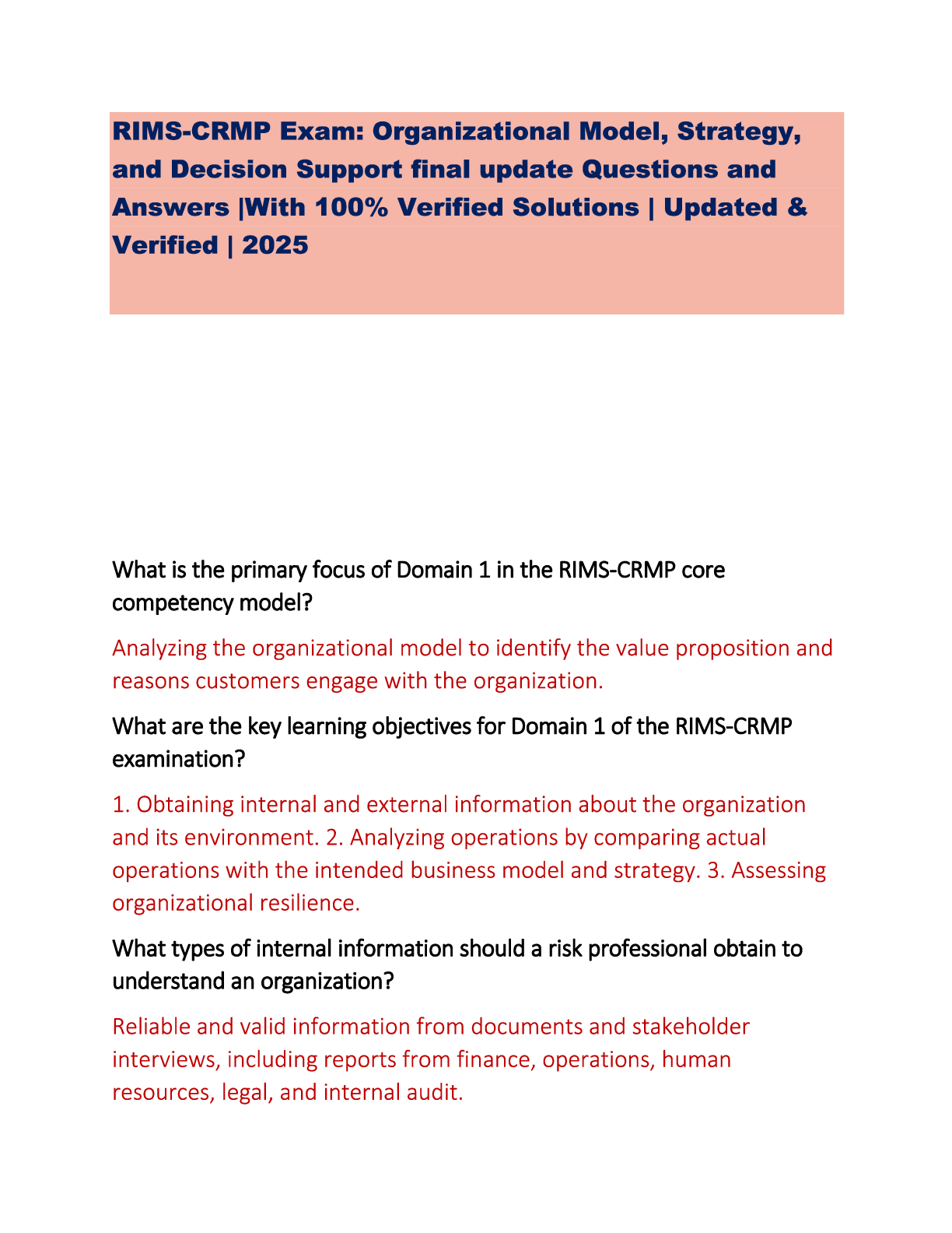 Preview image for RIMS-CRMP Exam Final Update on Organizational Model, Strategy, and Decision Support Questions and Answers  100% Verified Solutions  Updated & Verified  2025.