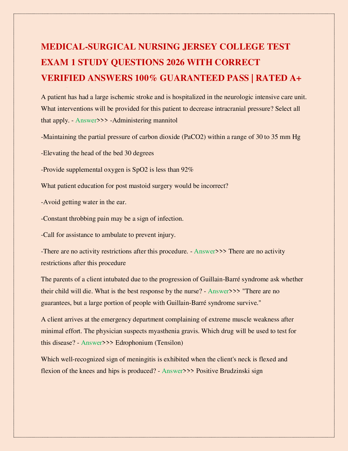 Preview image for MEDICAL-SURGICAL NURSING JERSEY COLLEGE TEST EXAM 1 STUDY QUESTIONS 2026 WITH CORRECT VERIFIED ANSWERS 100% GUARANTEED PASS | RATED A+