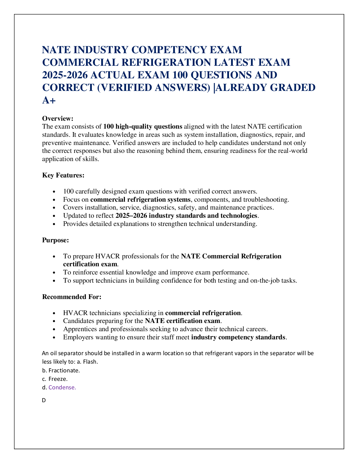 Preview of NATE INDUSTRY COMPETENCY EXAM COMMERCIAL REFRIGERATION LATEST EXAM 2025-2026 ACTUAL EXAM 100 QUESTIONS AND CORRECT (VERIFIED ANSWERS) |ALREADY GRADED A+