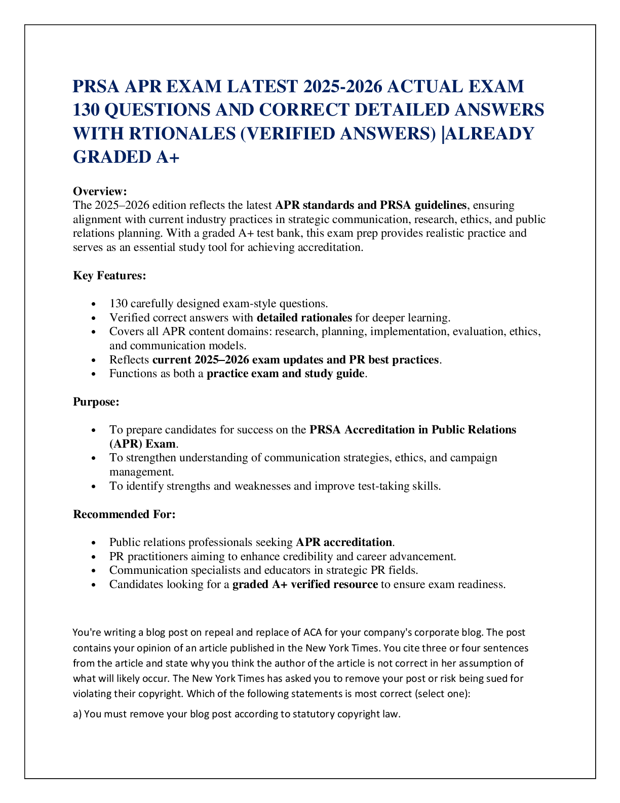 PRSA APR EXAM LATEST 2025-2026 ACTUAL EXAM  130 QUESTIONS AND CORRECT DETAILED ANSWERS  WITH RTIONALES (VERIFIED ANSWERS) |ALREADY GRADED A+