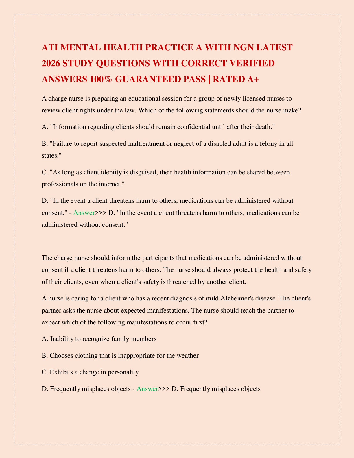 Preview image for ATI MENTAL HEALTH PRACTICE A WITH NGN LATEST 2026 STUDY QUESTIONS WITH CORRECT VERIFIED ANSWERS 100% GUARANTEED PASS | RATED A+