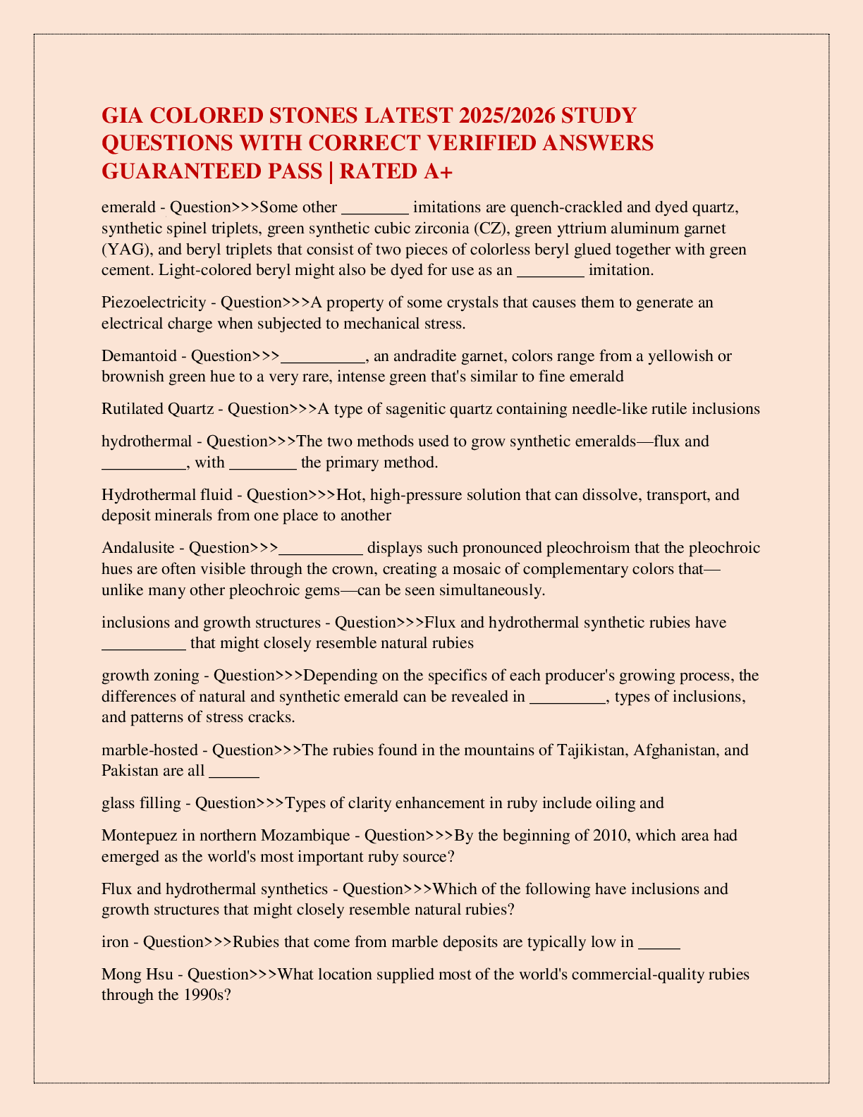 Preview image for GIA COLORED STONES LATEST 2025/2026 STUDY QUESTIONS WITH CORRECT VERIFIED ANSWERS GUARANTEED PASS | RATED A+