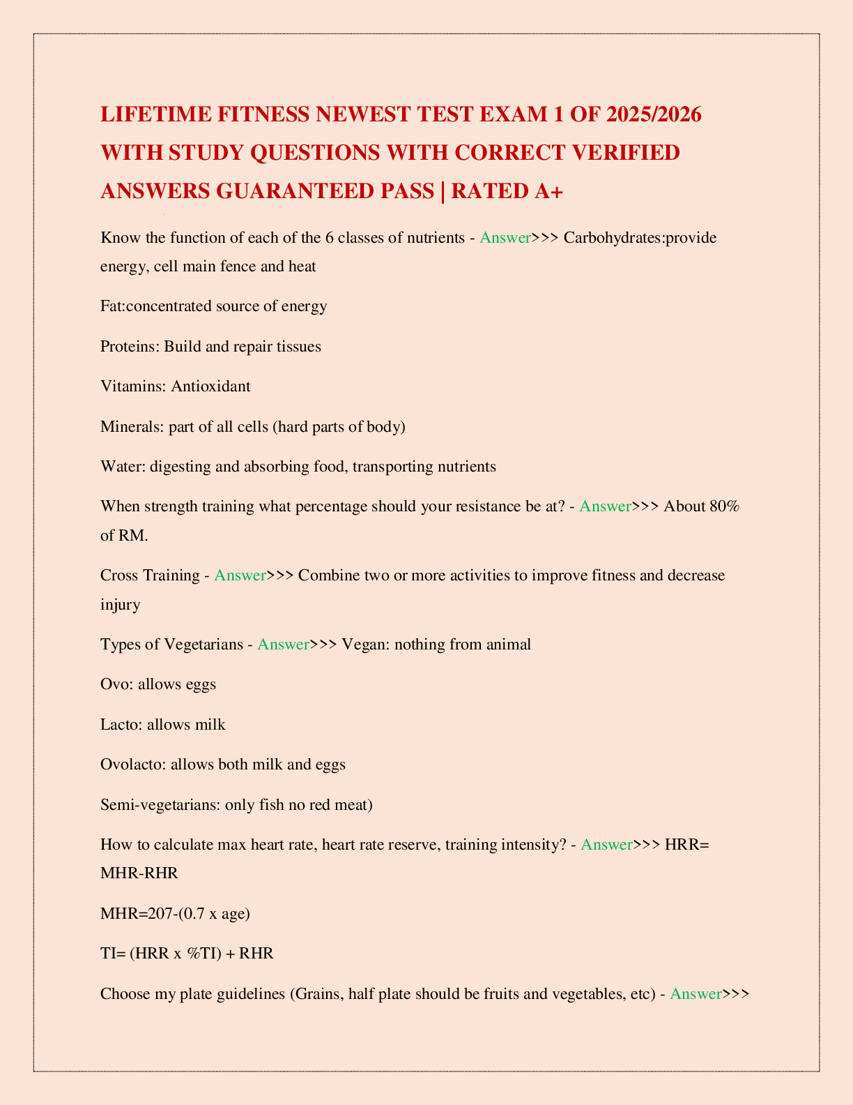 LIFETIME FITNESS NEWEST TEST EXAM 1 OF 2025/2026 WITH STUDY QUESTIONS WITH CORRECT VERIFIED ANSWERS GUARANTEED PASS | RATED A+