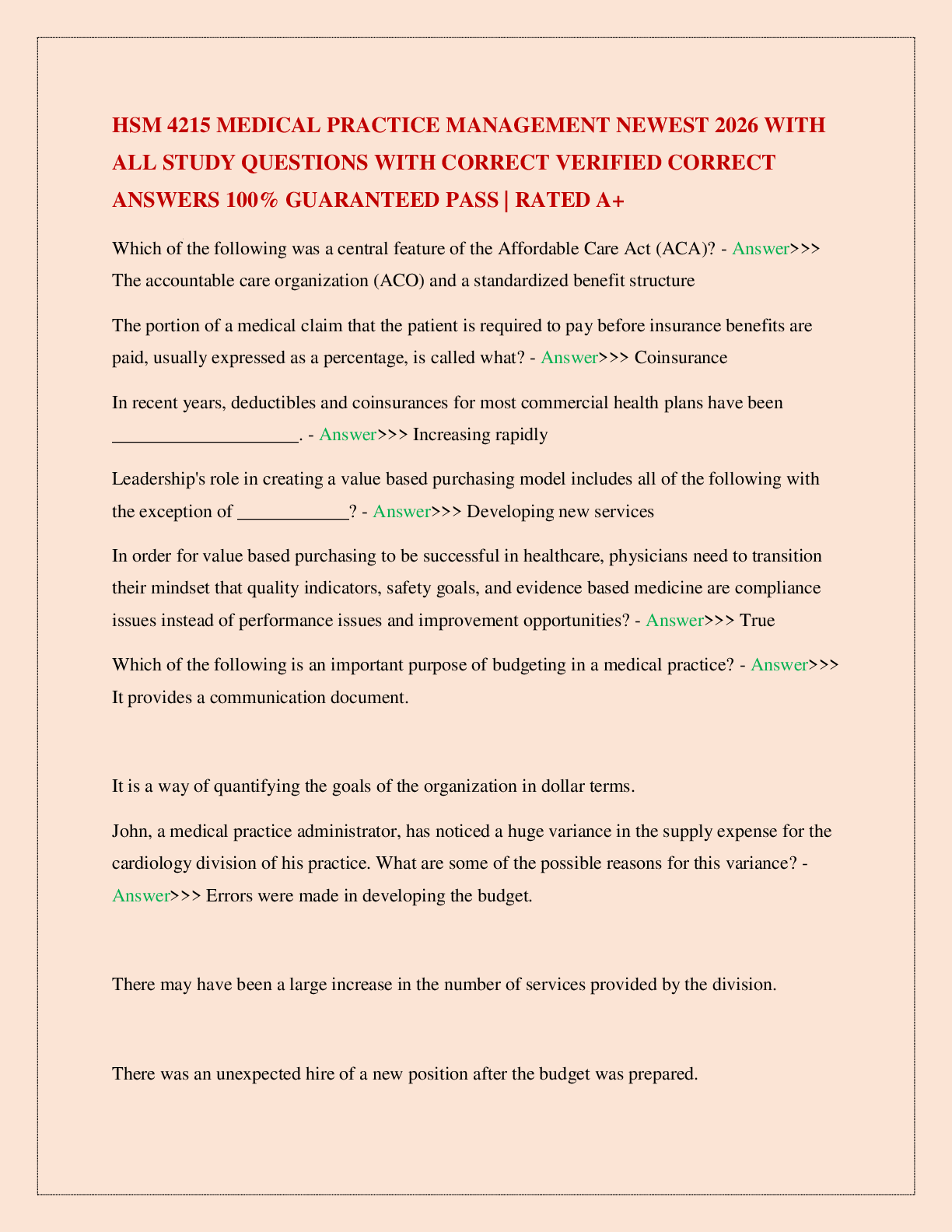 Preview image for HSM 4215 MEDICAL PRACTICE MANAGEMENT NEWEST 2026 WITH ALL STUDY QUESTIONS WITH CORRECT VERIFIED CORRECT ANSWERS 100% GUARANTEED PASS | RATED A+