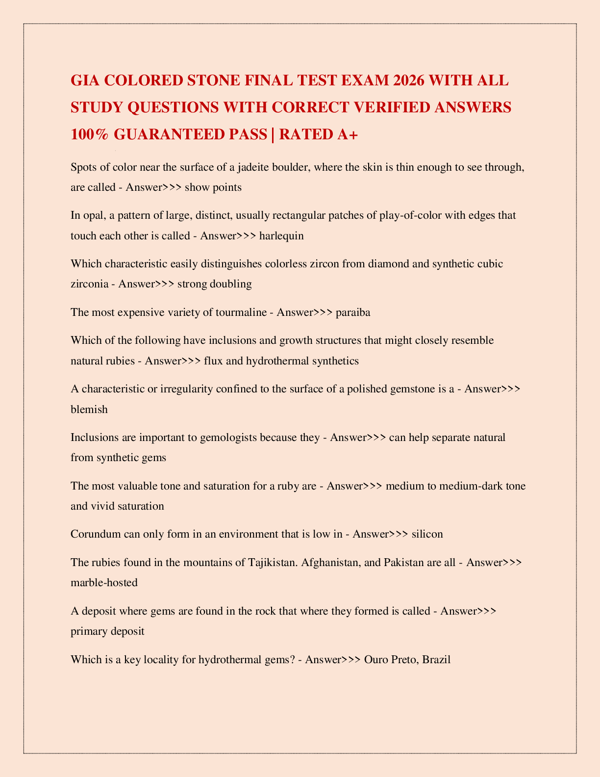 Preview image for GIA COLORED STONE FINAL TEST EXAM 2026 WITH ALL STUDY QUESTIONS WITH CORRECT VERIFIED ANSWERS 100% GUARANTEED PASS | RATED A+