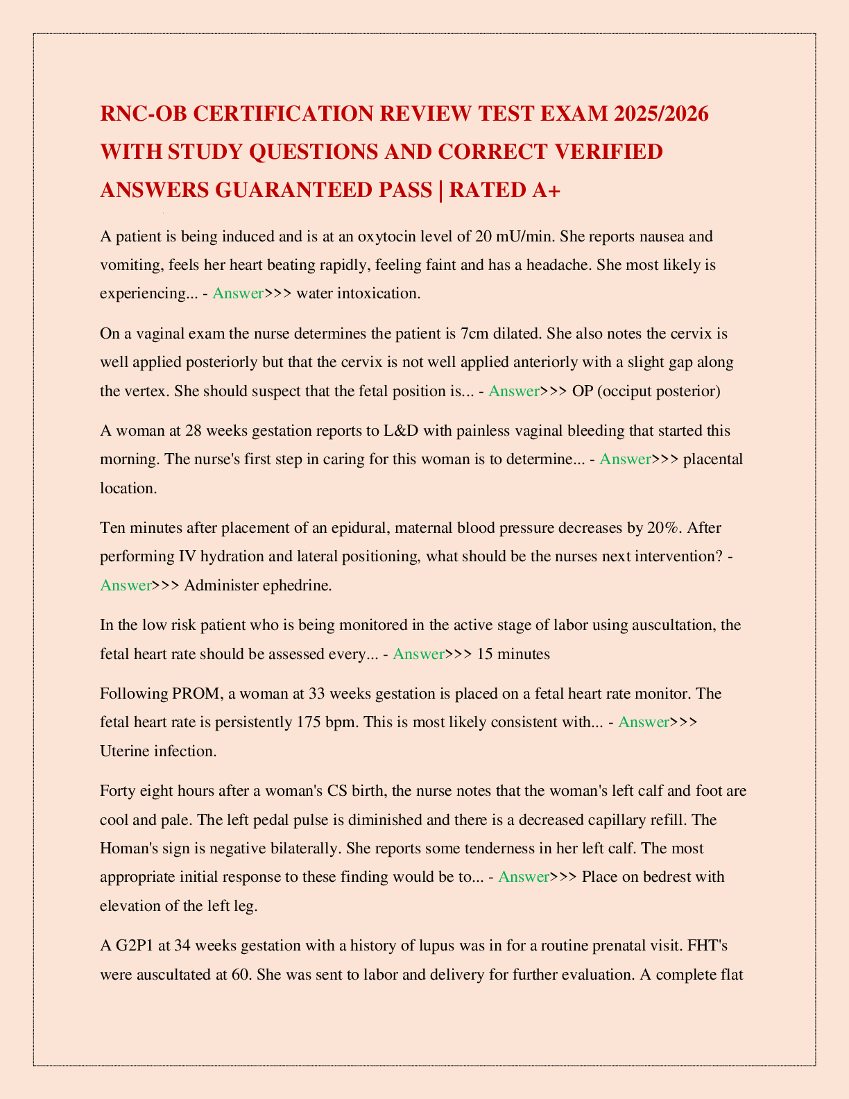 Preview image for RNC-OB CERTIFICATION REVIEW TEST EXAM 2025/2026 WITH STUDY QUESTIONS AND CORRECT VERIFIED ANSWERS GUARANTEED PASS | RATED A+