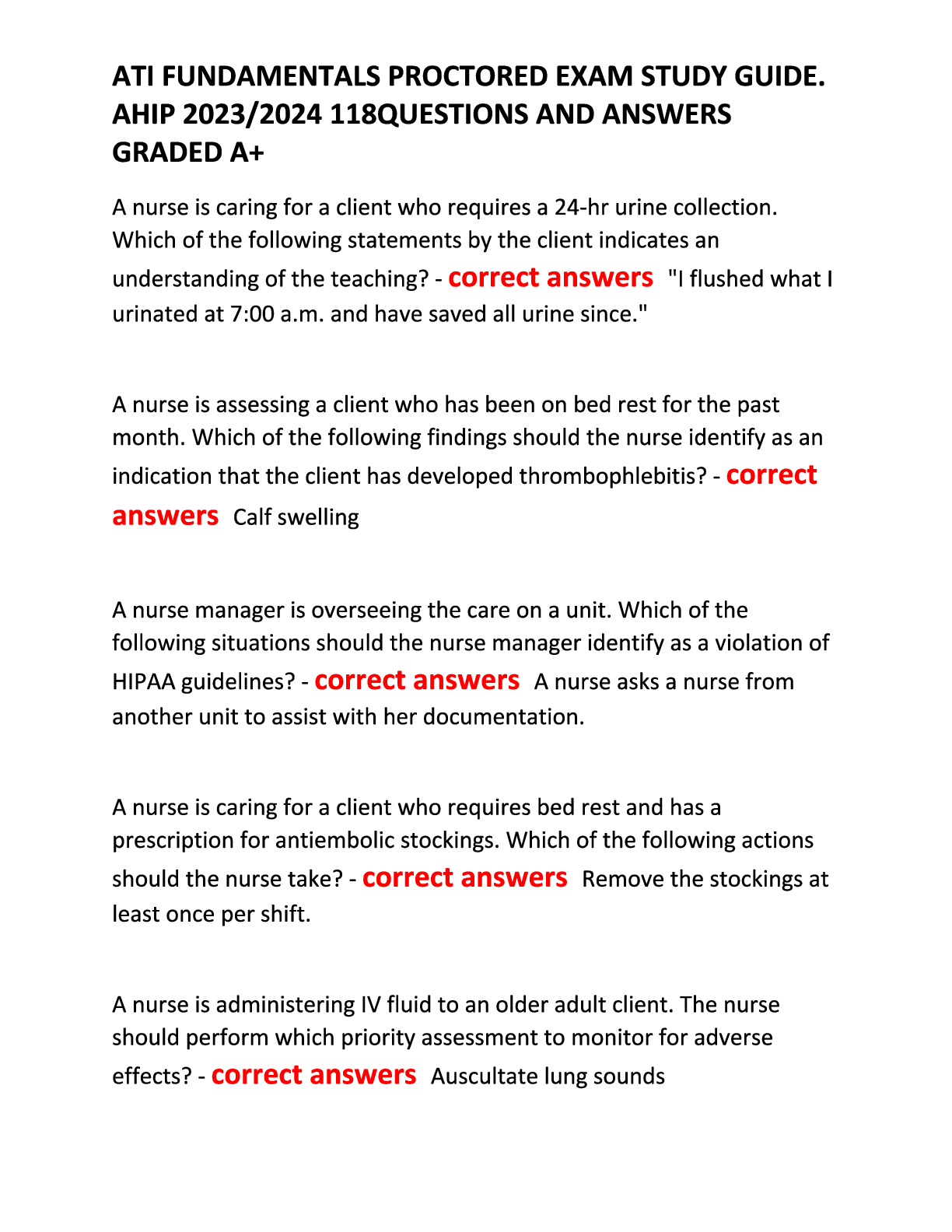 Preview image for ATI Fundamentals Proctored Exam Study Guide. AHIP 2023-2024 118 Questions and Answers, Graded A+.