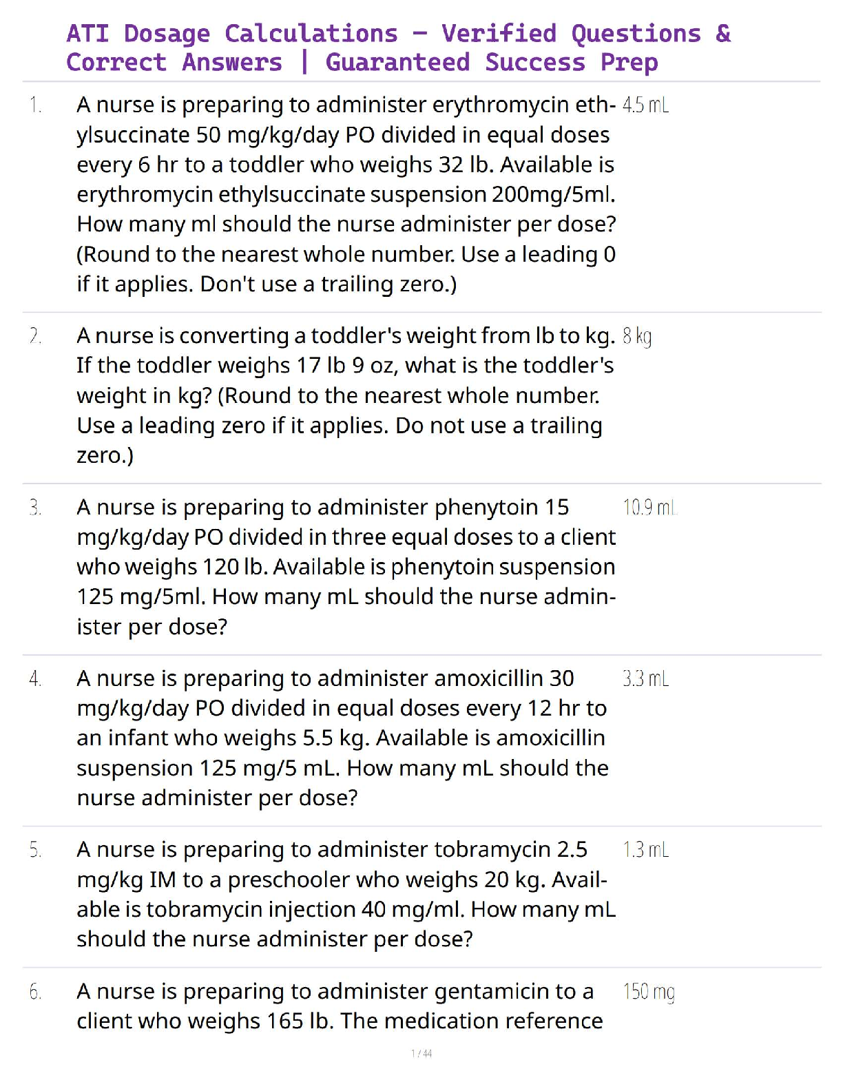 Preview of ATI Dosage Calculations – Verified Questions &amp; Correct Answers | Guaranteed Success Prep