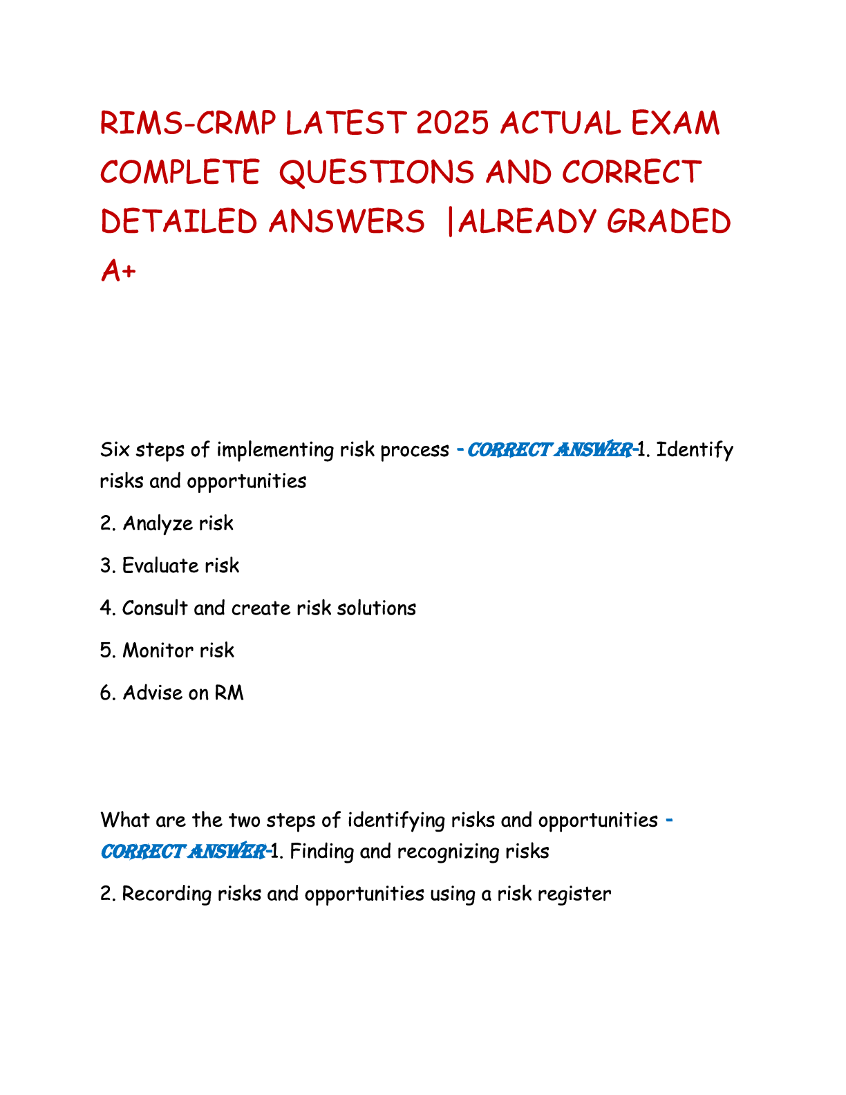 Preview image for RIMS-CRMP 2025 Latest Actual Exam Complete Questions with Correct Detailed Answers  Already Graded A+.