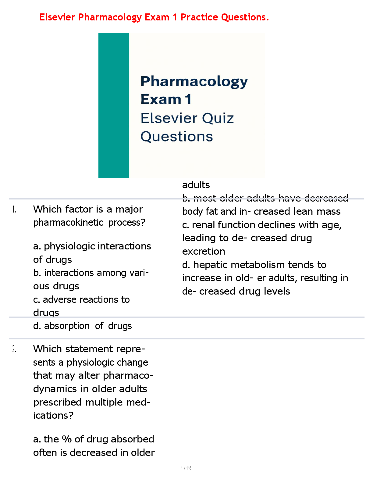 Elsevier Pharmacology Exam 1 Practice Questions.