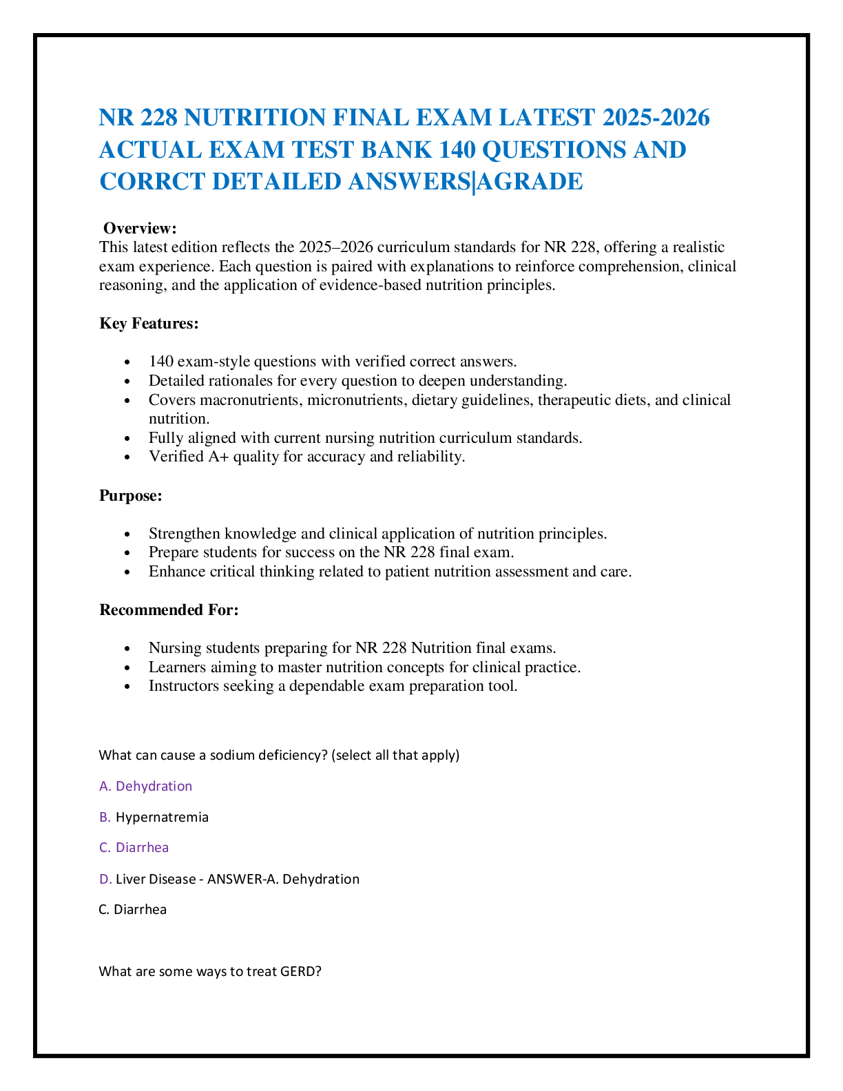 Recommended document preview for NR 228 NUTRITION FINAL EXAM LATEST 2025-2026  ACTUAL EXAM TEST BANK 140 QUESTIONS AND CORRCT DETAILED ANSWERS|AGRADE