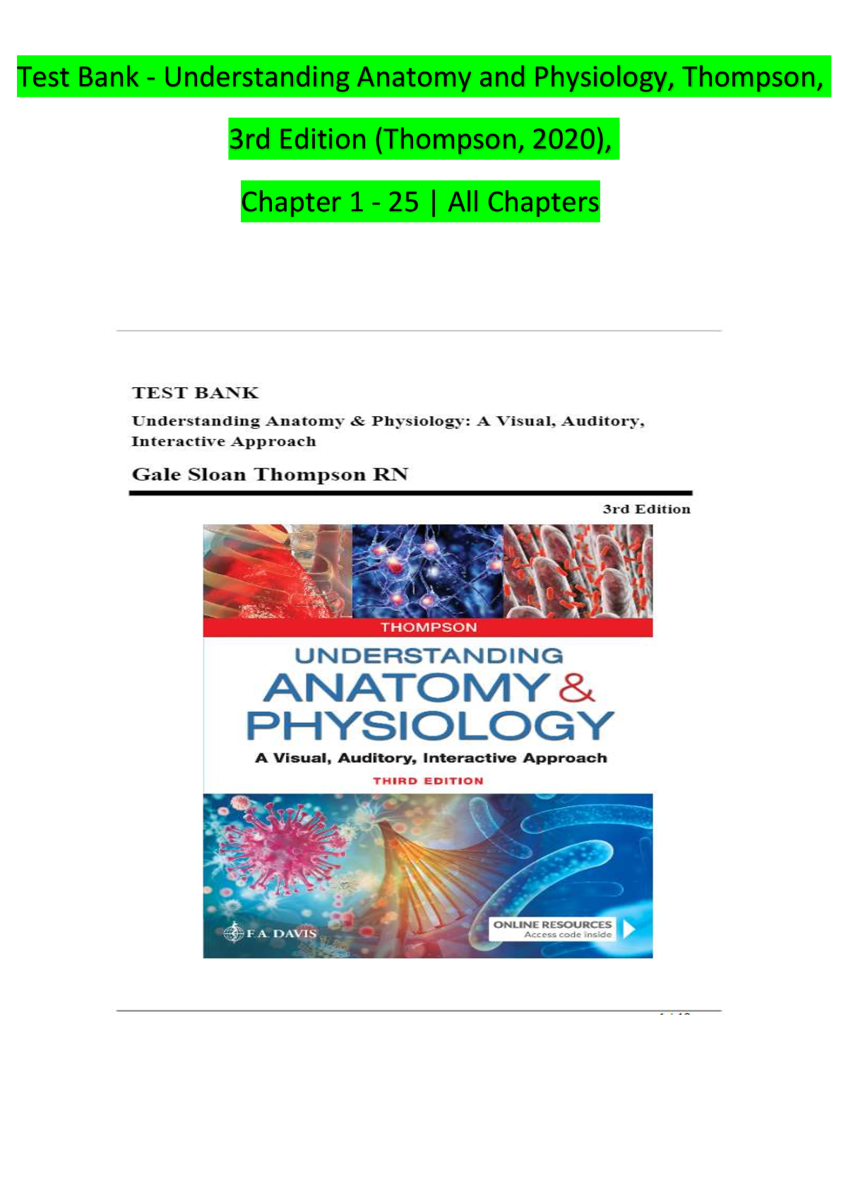 Test Bank - Understanding Anatomy and Physiology, Thompson, 3rd Edition (Thompson, 2020), Chapter 1 - 25 | All Chapters Gale Sloan Thompson