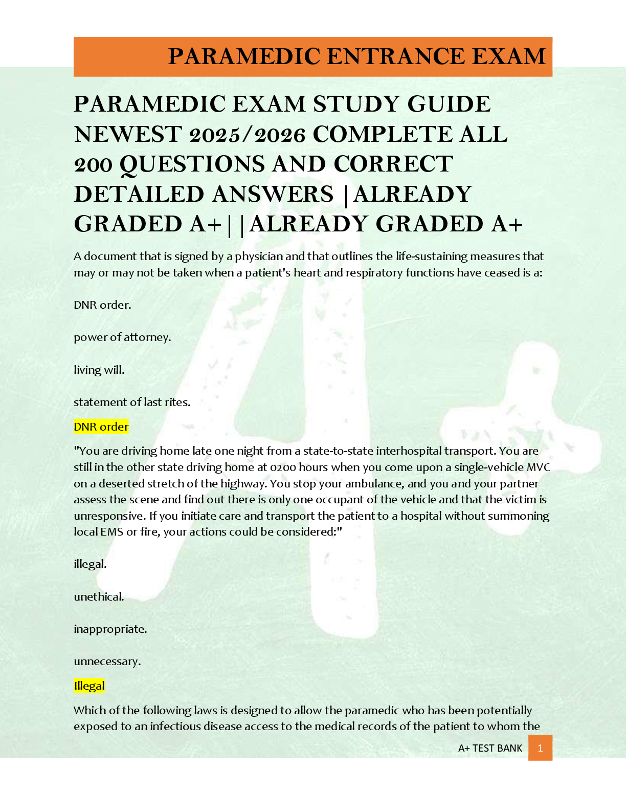 Preview of PARAMEDIC EXAM STUDY GUIDE  NEWEST 2025/2026 COMPLETE ALL  200 QUESTIONS AND CORRECT  DETA