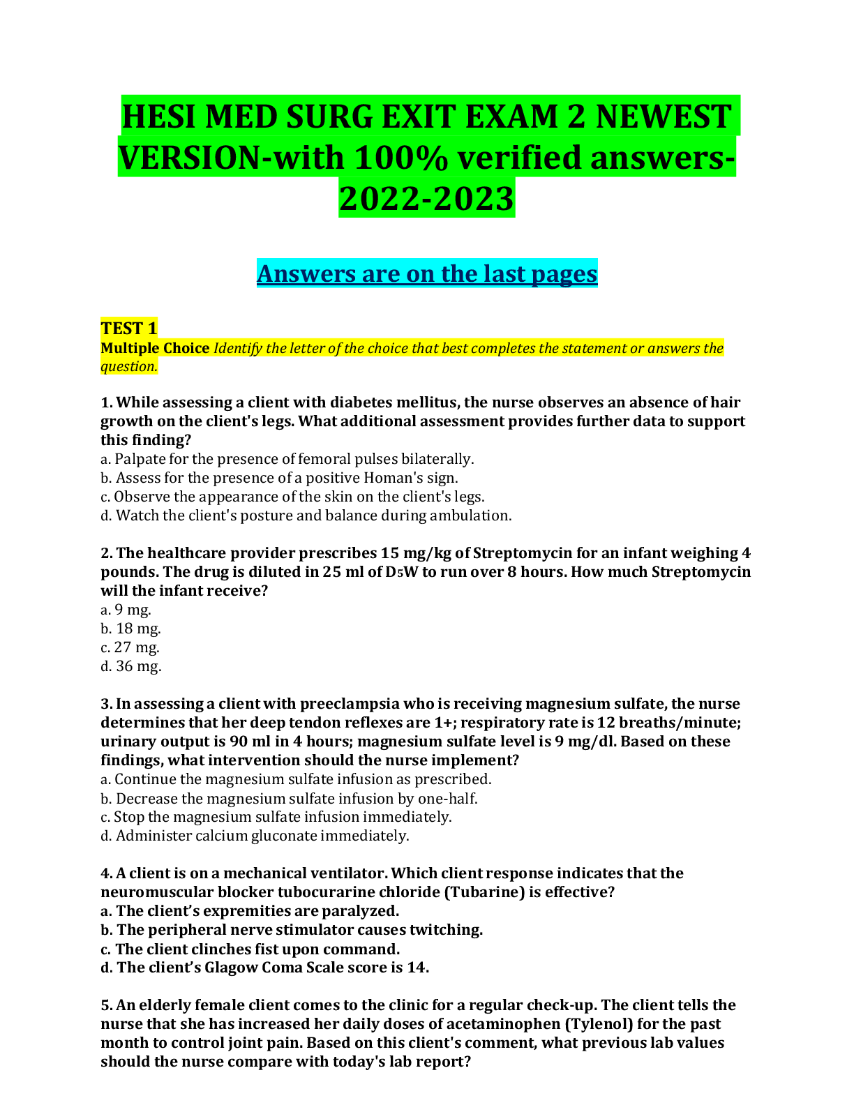 Preview image for HESI MED SURG EXIT EXAM 2 NEWEST VERSION-with 100% verified answers 2022-2023 A+