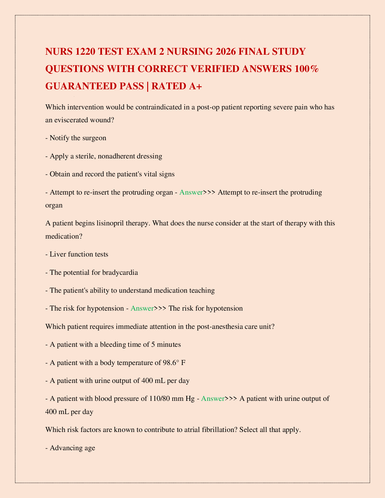 Preview image for NURS 1220 TEST EXAM 2 NURSING 2026 FINAL STUDY QUESTIONS WITH CORRECT VERIFIED ANSWERS 100% GUARANTEED PASS | RATED A+