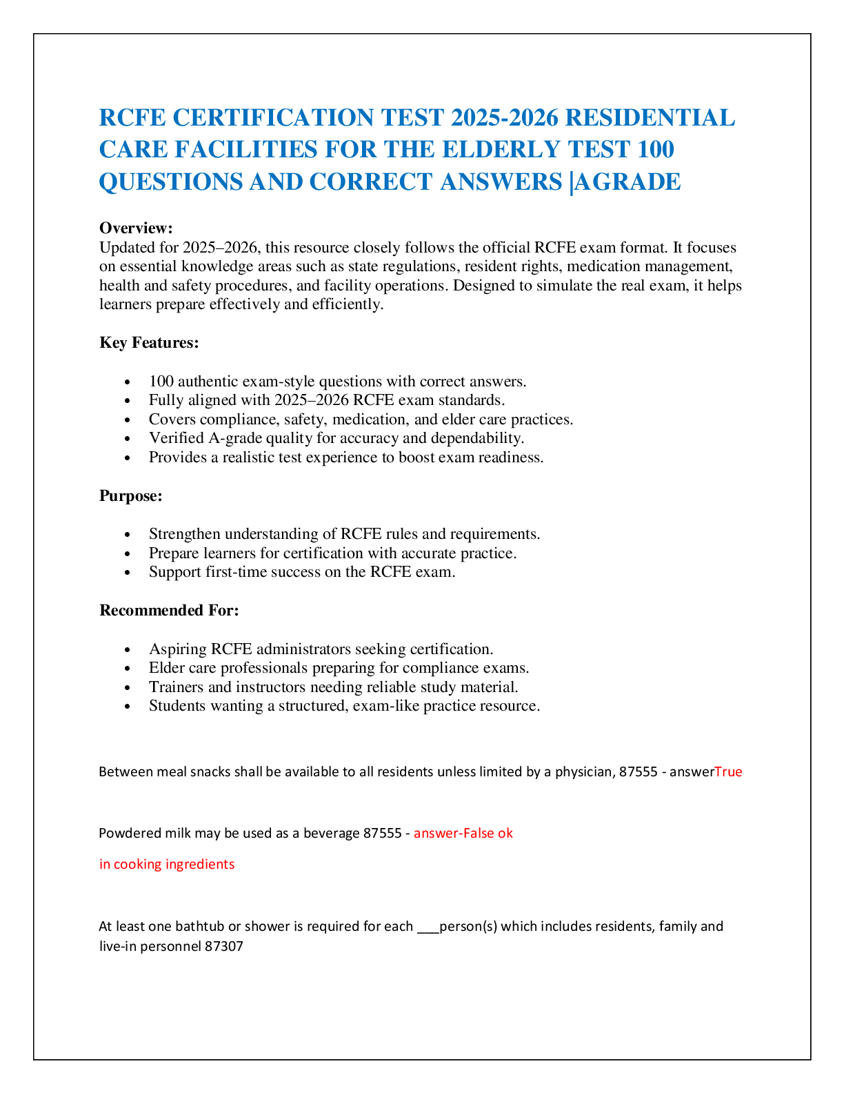 RCFE CERTIFICATION TEST 2025-2026 RESIDENTIAL CARE FACILITIES FOR TH ...