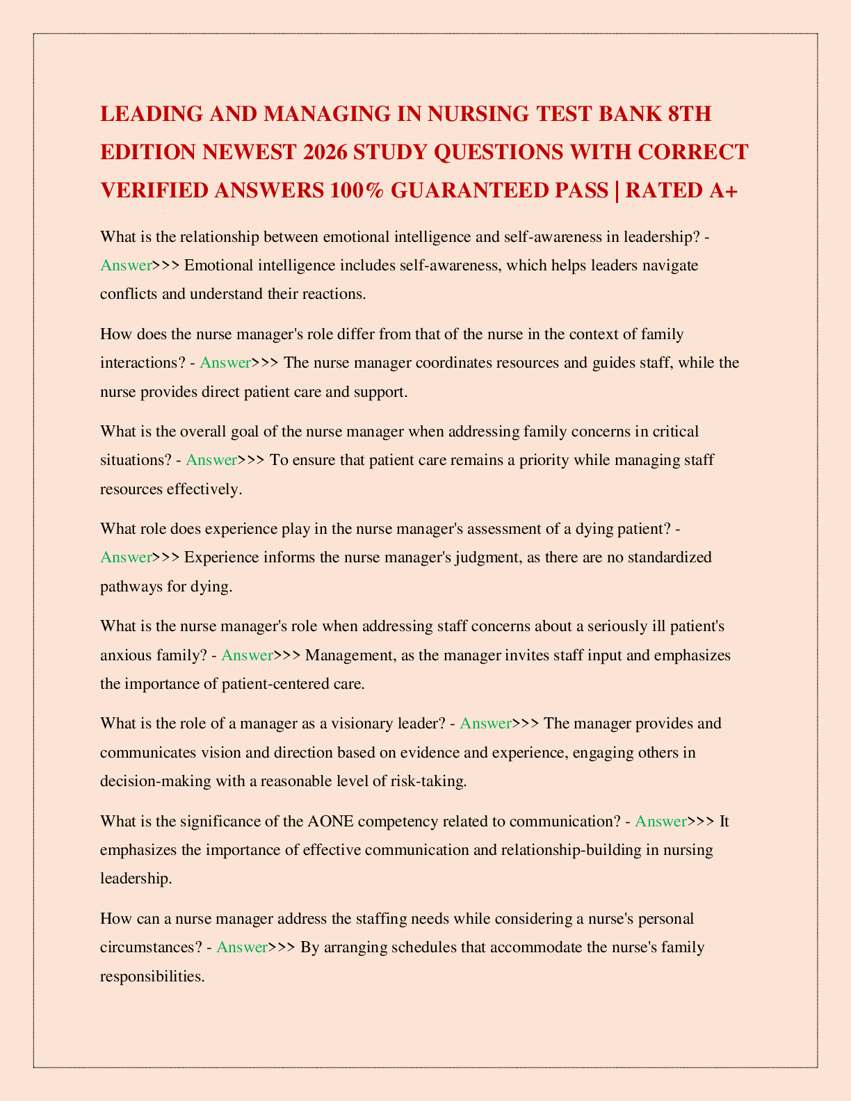 Preview image for LEADING AND MANAGING IN NURSING TEST BANK 8TH EDITION NEWEST 2026 STUDY QUESTIONS WITH CORRECT VERIFIED ANSWERS 100% GUARANTEED PASS | RATED A+
