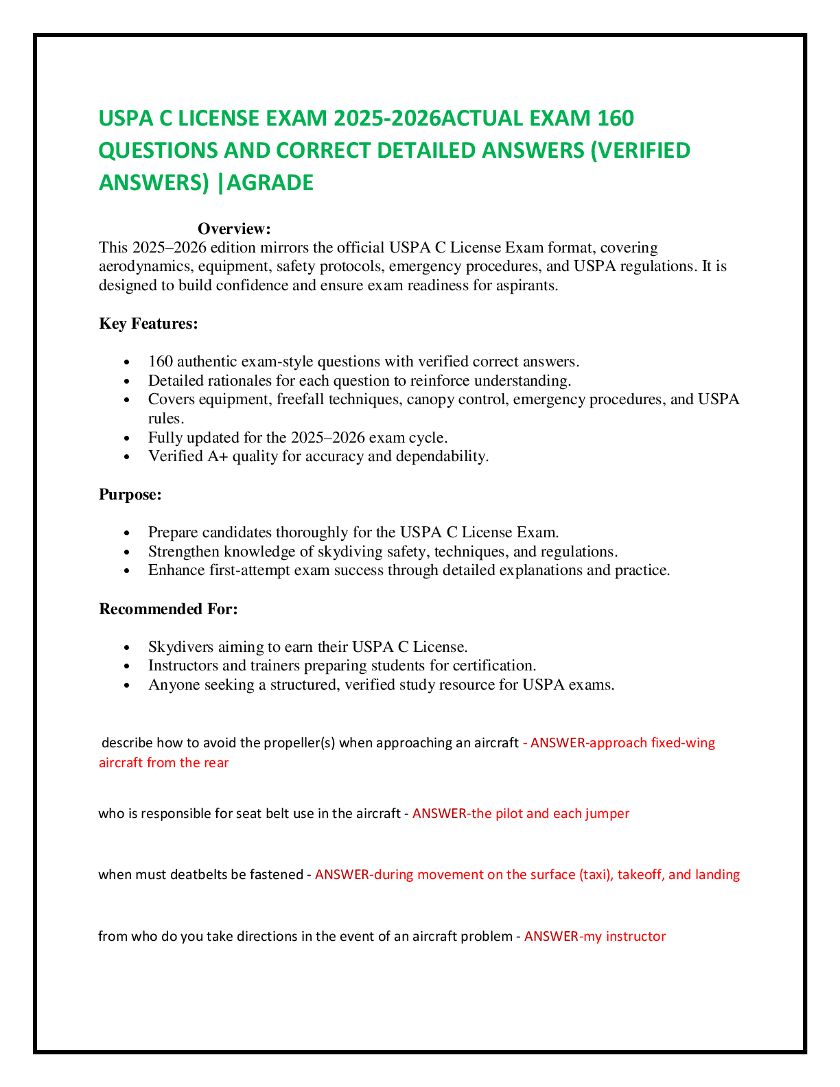 USPA C LICENSE EXAM 2025-2026ACTUAL EXAM 160  QUESTIONS AND CORRECT DETAILED ANSWERS (VERIFIED ANSWERS) |AGRADE