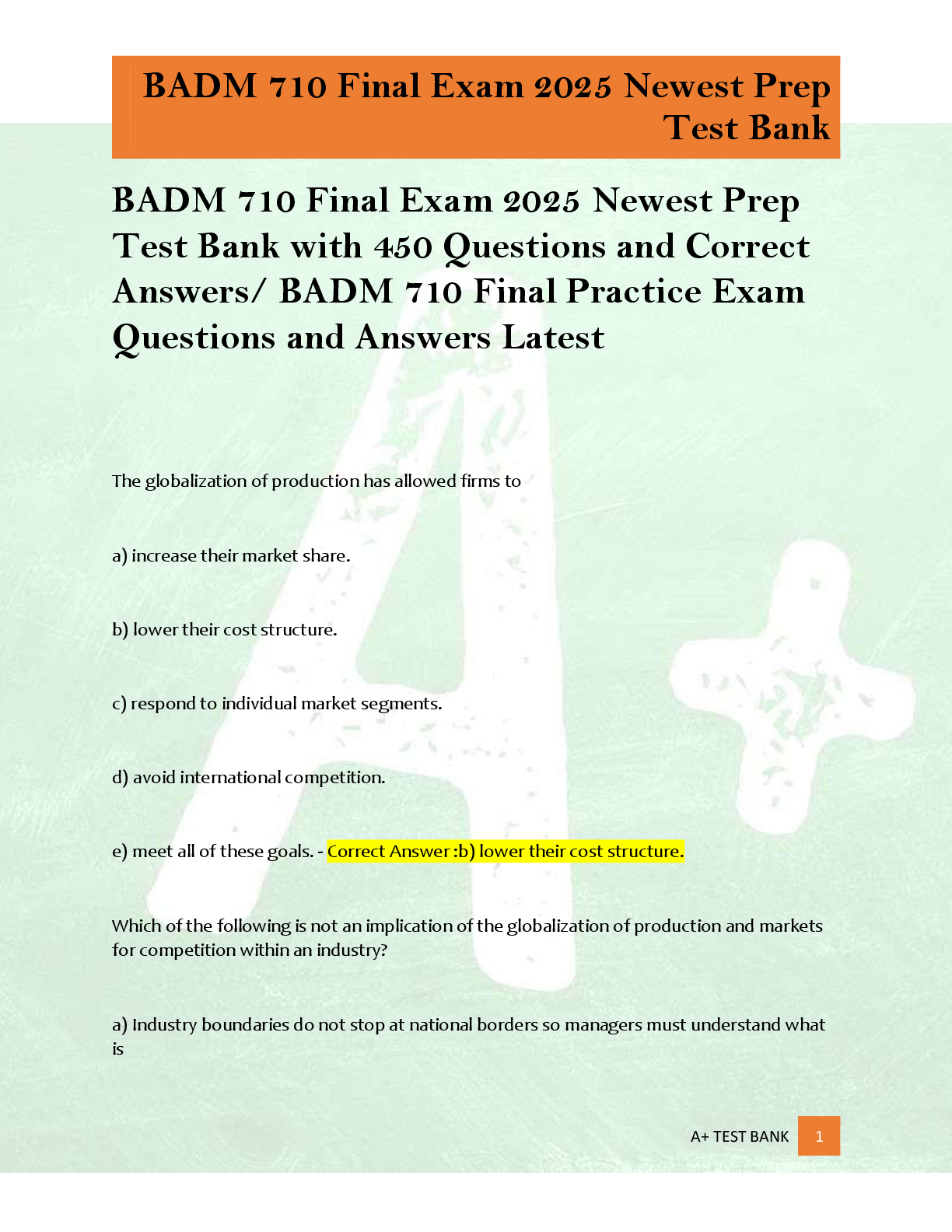 Preview of BADM 710 Final Exam 2025 Newest Prep  Test Bank with 450 Questions and Correct  Answers/ BADM 710 Final Practice Exam  Questions and Answers Latest