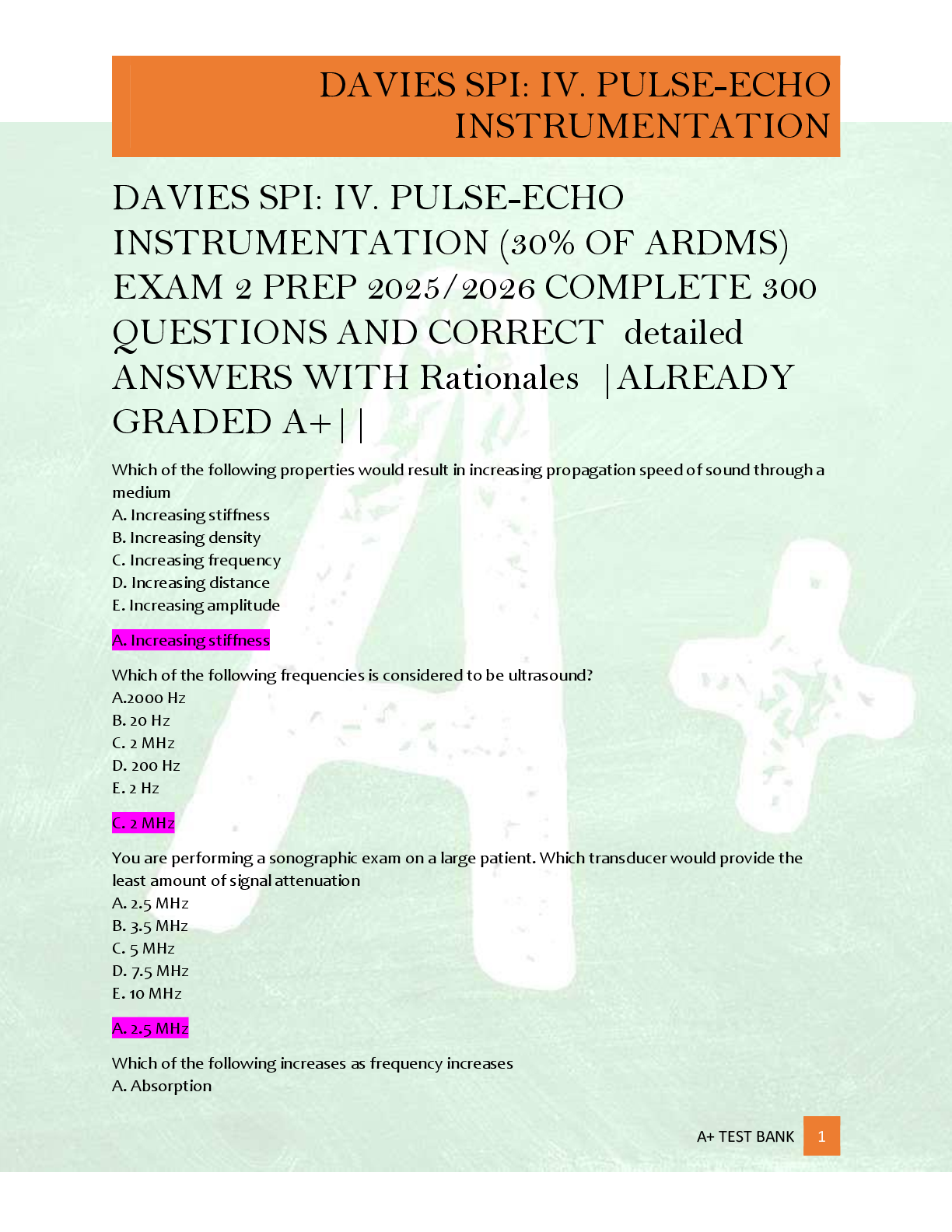 Preview of DAVIES SPI: IV. PULSE-ECHO  INSTRUMENTATION (30% OF ARDMS)  EXAM 2 PREP 2025/2026 COMPLETE