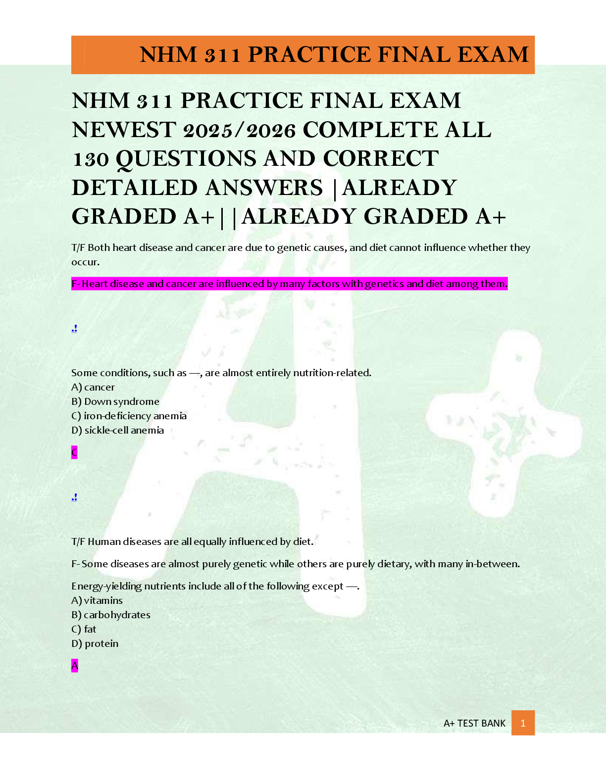 Recommended document preview for NHM 311 PRACTICE FINAL EXAM  NEWEST 2025/2026 COMPLETE ALL  130 QUESTIONS AND CORRECT  DETAILED ANSWERS |ALREADY  GRADED A+||ALREADY GRADED A+