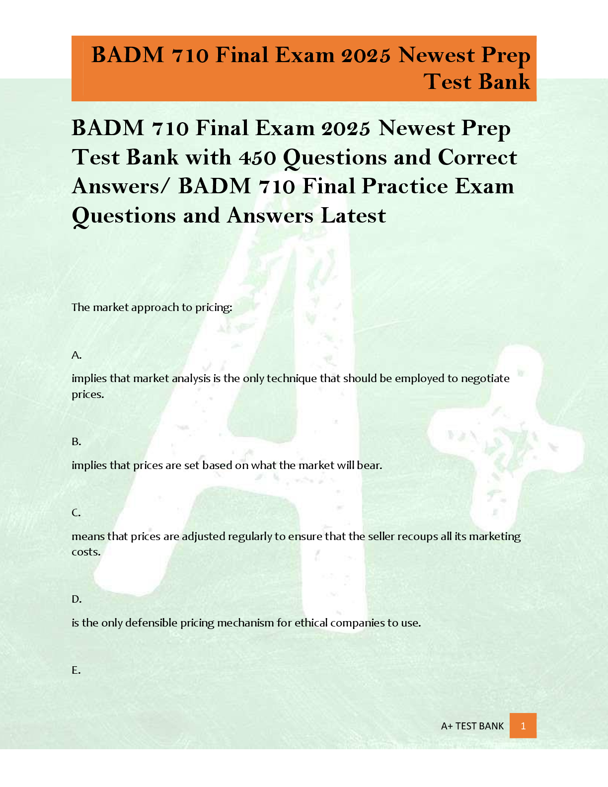 Preview of BADM 710 Final Exam 2025 Newest Prep  Test Bank with 450 Questions and Correct  Answers/ BADM 710 Final Practice Exam  Questions and Answers Latest