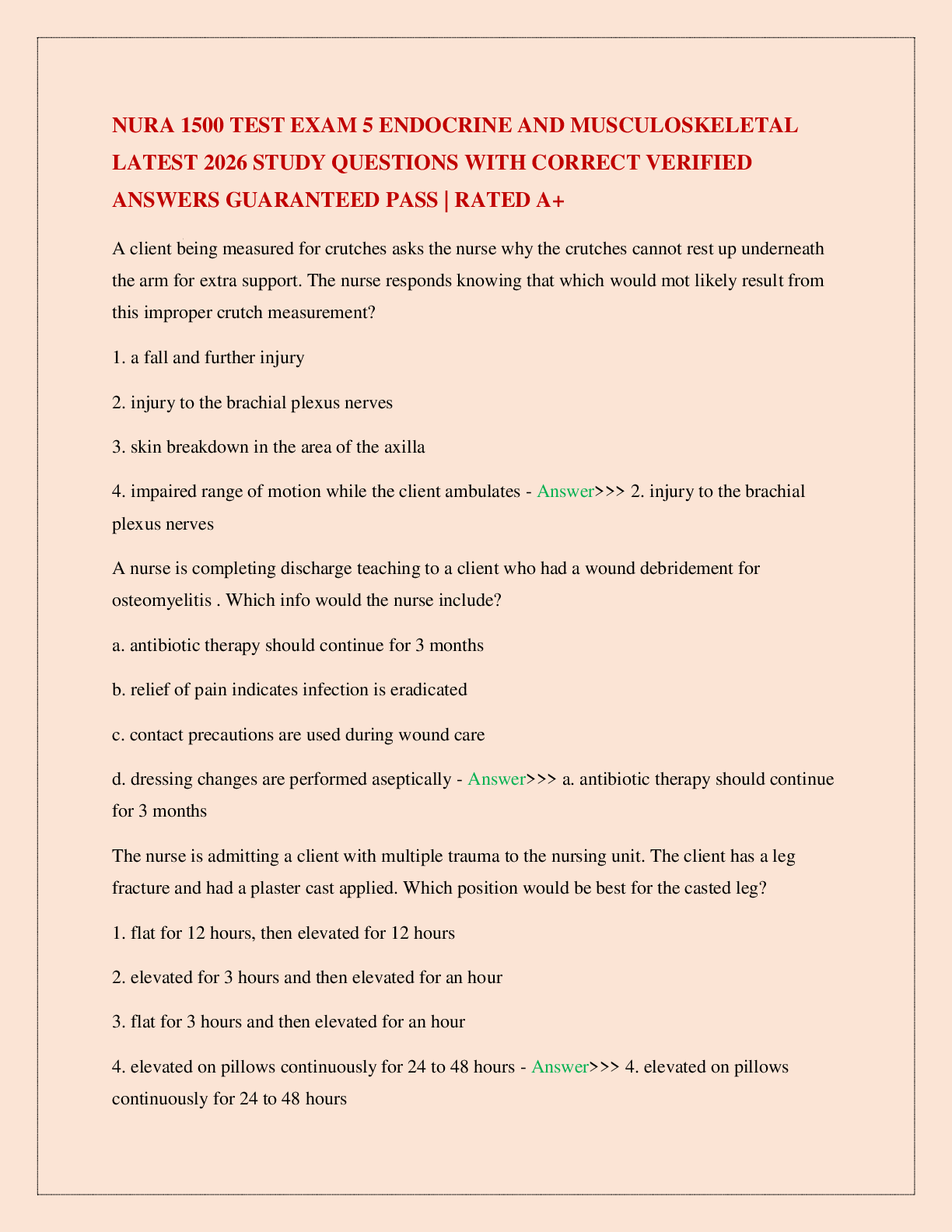 Preview image for NURA 1500 TEST EXAM 5 ENDOCRINE AND MUSCULOSKELETAL LATEST 2026 STUDY QUESTIONS WITH CORRECT VERIFIED ANSWERS GUARANTEED PASS | RATED A+