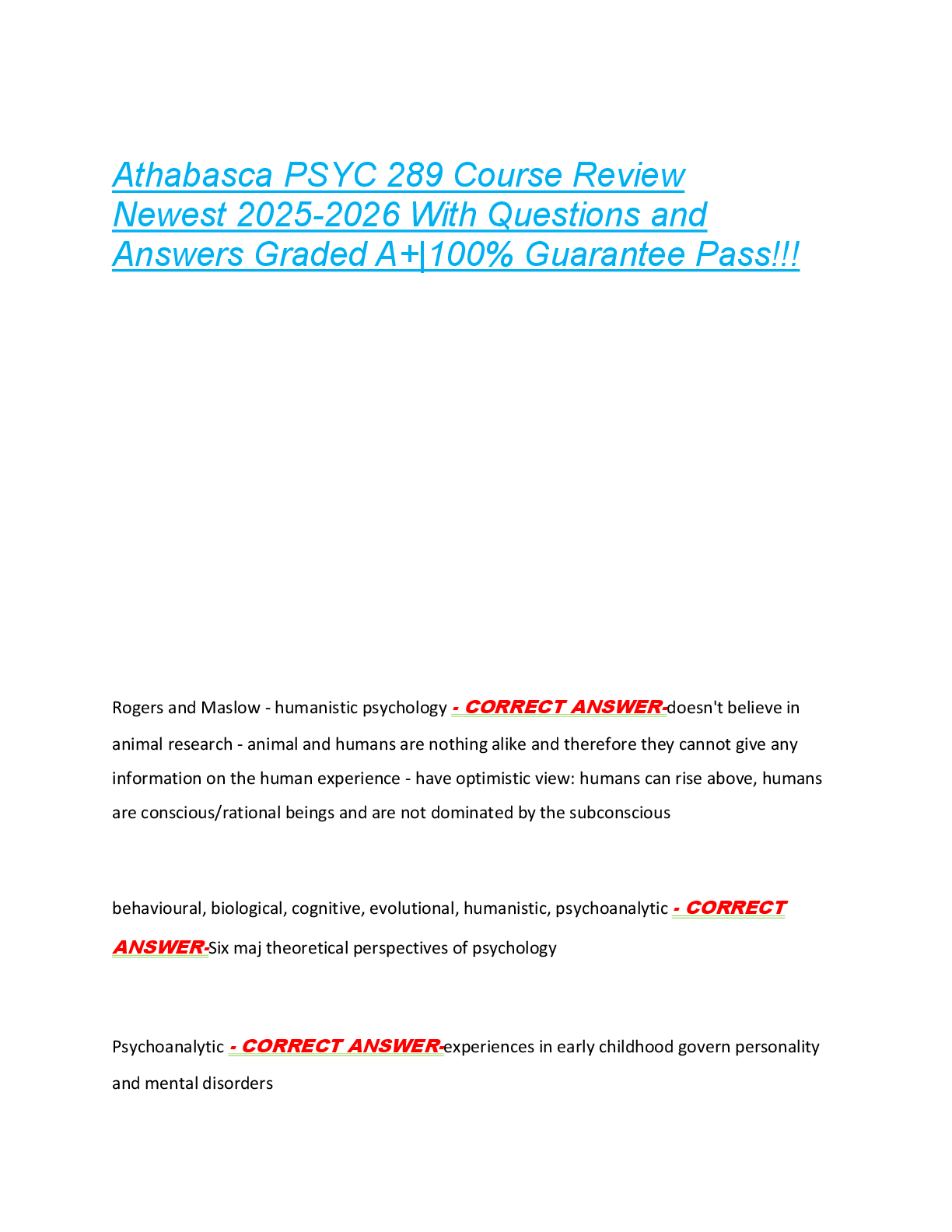 Preview of Athabasca PSYC 289 Course Review  Newest 2025-2026 With Questions and  Answers Graded A+|1