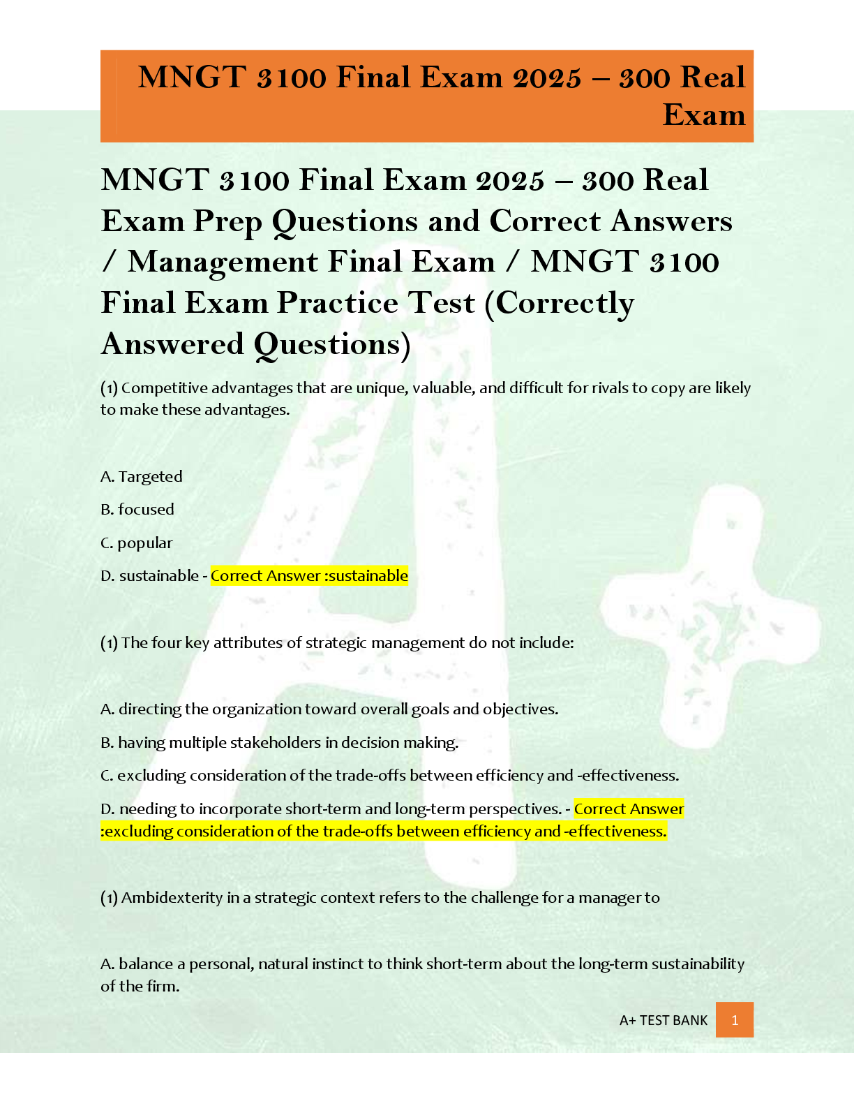 MNGT 3100 Final Exam 2025 – 300 Real Exam Prep Questions and Correct ...