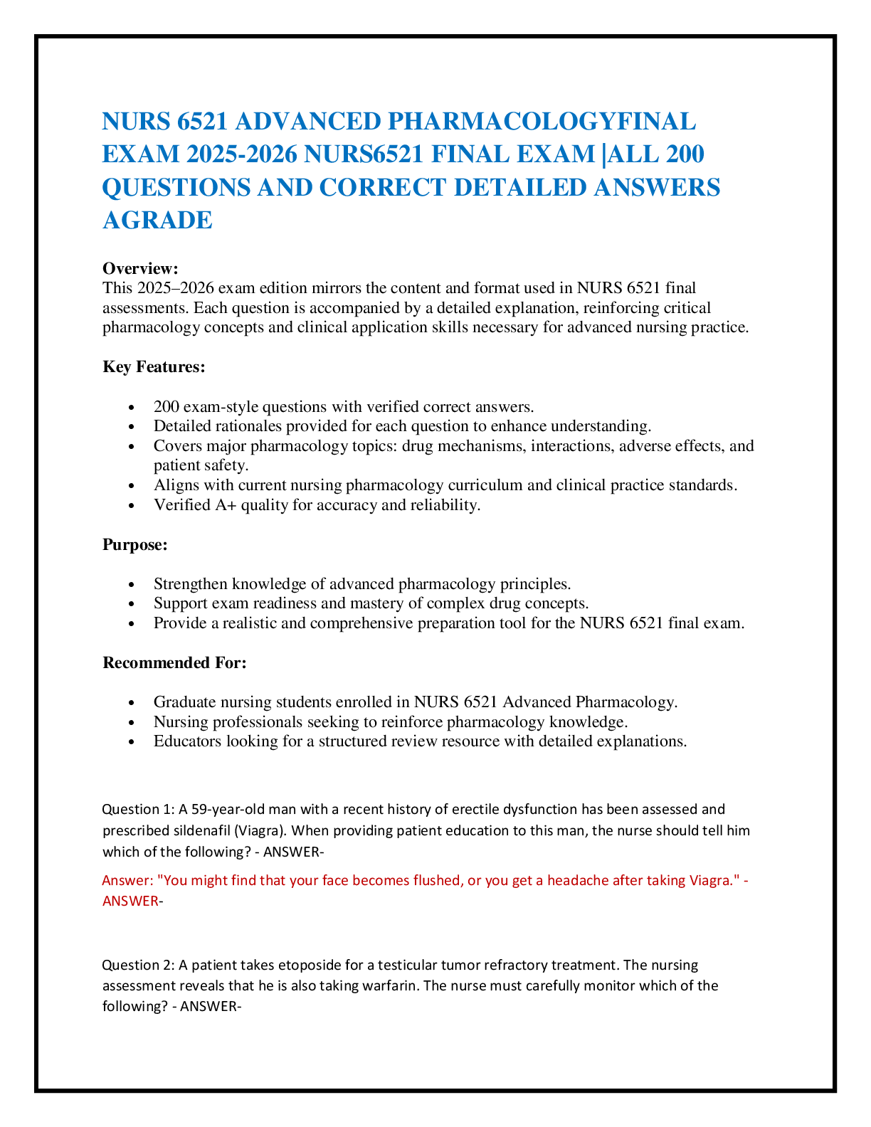 Preview of NURS 6521 ADVANCED PHARMACOLOGYFINAL  EXAM 2025-2026 NURS6521 FINAL EXAM |ALL 200  QUESTIONS AND CORRECT DETAILED ANSWERS AGRADE