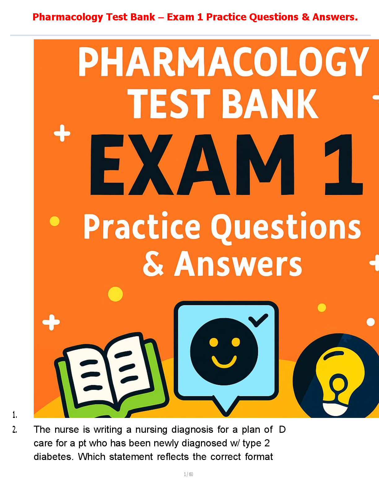 Pharmacology Test Bank – Exam 1 Practice Questions & Answers.