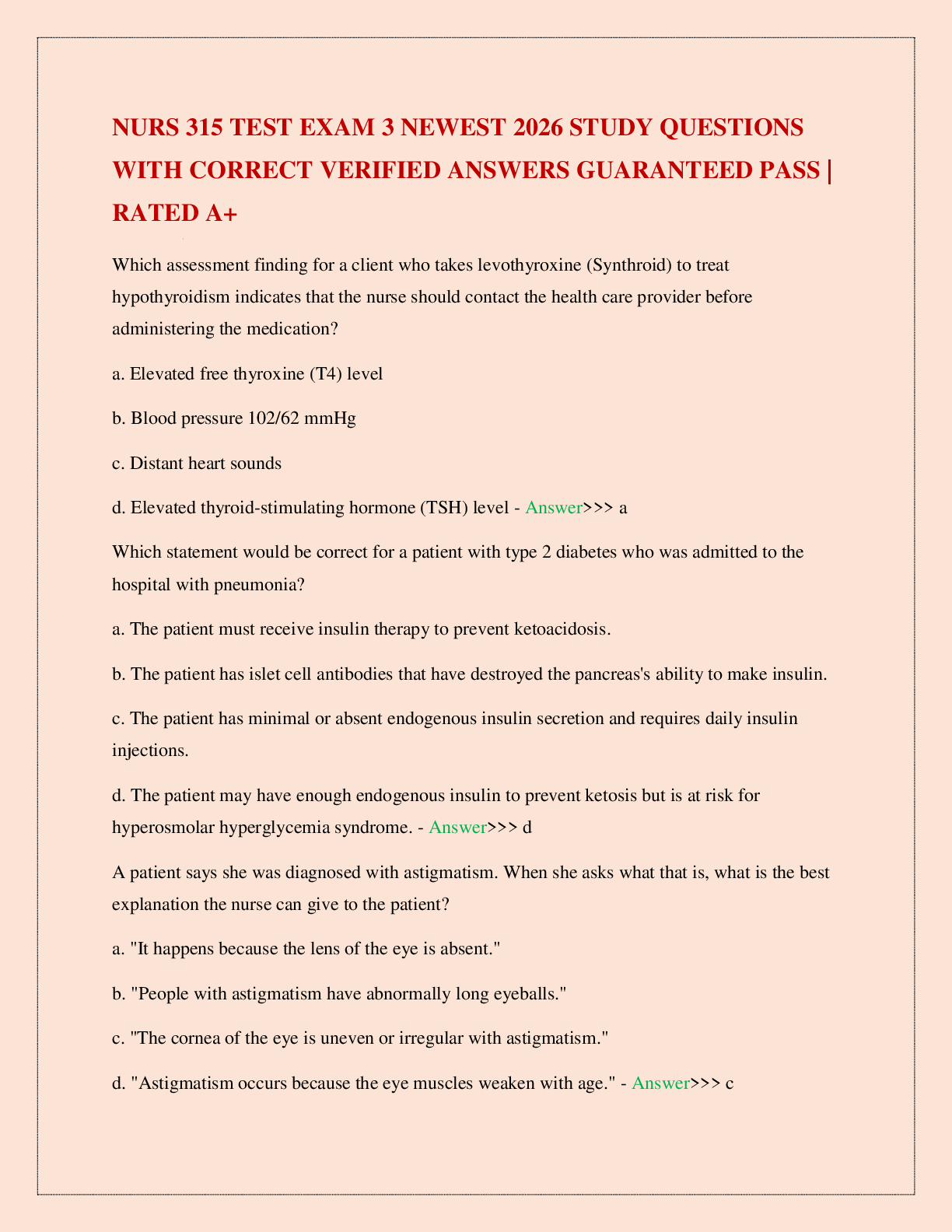 Preview image for NURS 315 TEST EXAM 3 NEWEST 2026 STUDY QUESTIONS WITH CORRECT VERIFIED ANSWERS GUARANTEED PASS | RATED A+