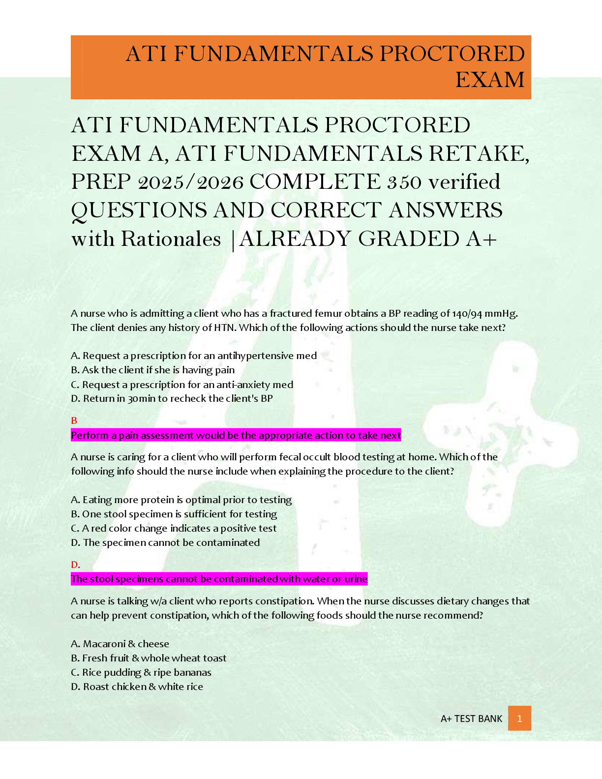 Preview of ATI FUNDAMENTALS PROCTORED  EXAM A, ATI FUNDAMENTALS RETAKE,  PREP 2025/2026 COMPLETE 350