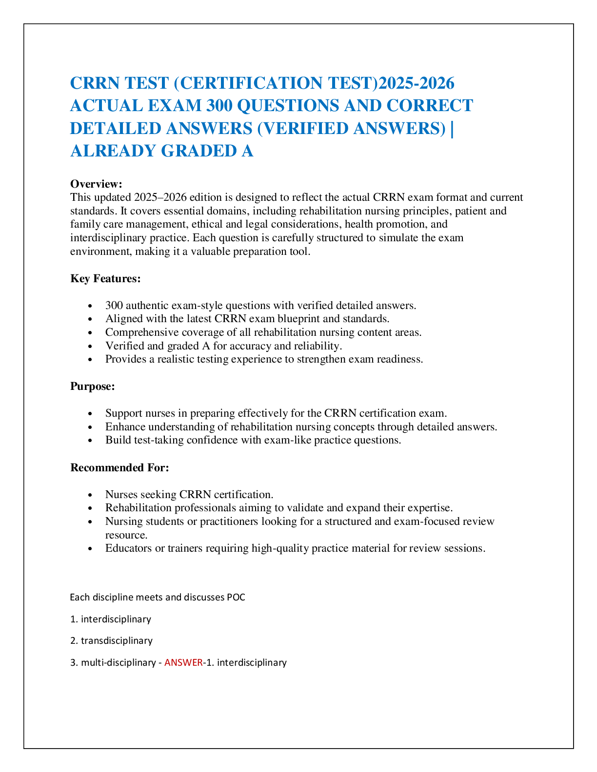 CRRN TEST (CERTIFICATION TEST)2025-2026 ACTUAL EXAM 300 QUESTIONS AND CORRECT  DETAILED ANSWERS (VERIFIED ANSWERS) | ALREADY GRADED A