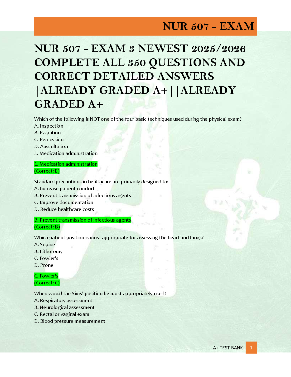 Preview of NUR 507 - EXAM 3 NEWEST 2025/2026  COMPLETE ALL 350 QUESTIONS AND  CORRECT DETAILED ANSWER