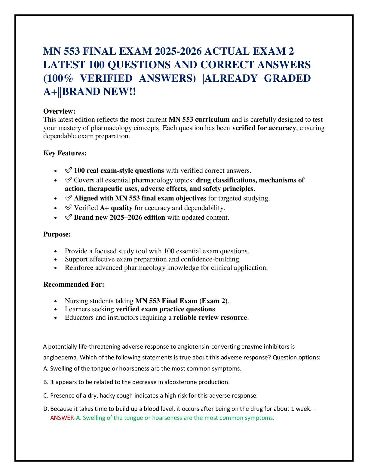 MN 553 FINAL EXAM 2025-2026 ACTUAL EXAM 2  LATEST 100 QUESTIONS AND CORRECT ANSWERS (100% VERIFIED ANSWERS) |ALREADY GRADED A+||BRAND NEW!!