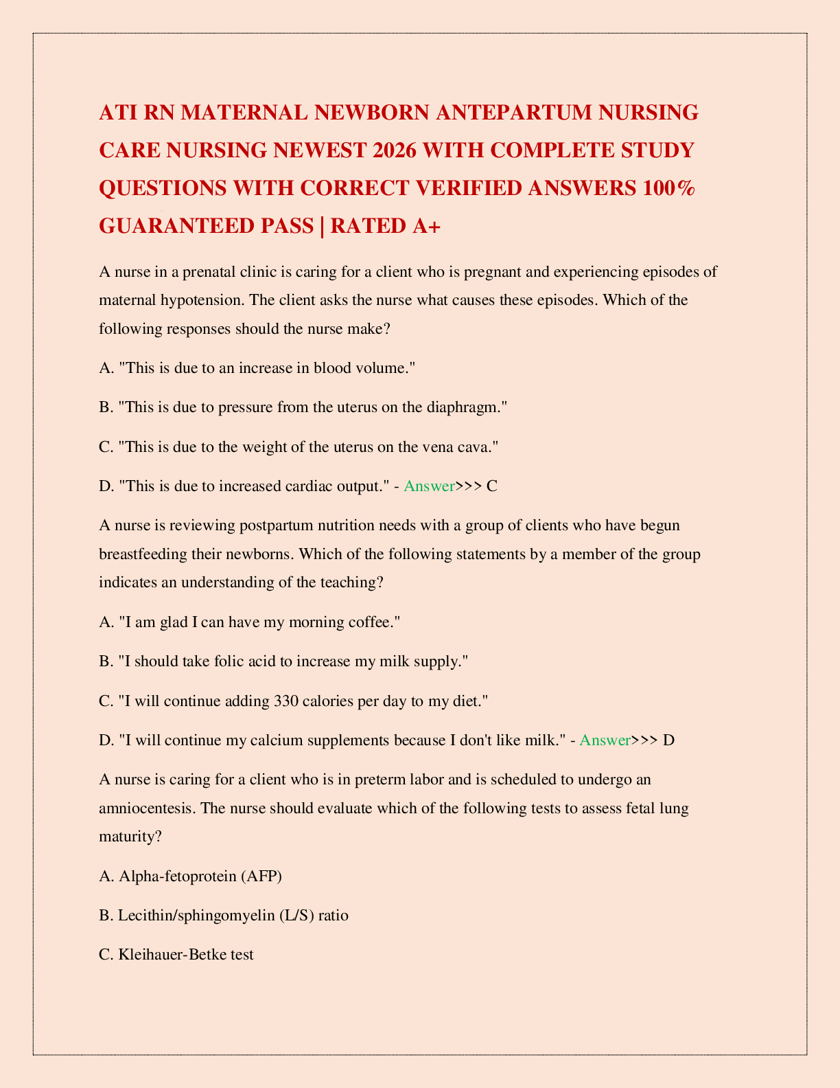 Preview image for ATI RN MATERNAL NEWBORN ANTEPARTUM NURSING CARE NURSING NEWEST 2026 WITH COMPLETE STUDY QUESTIONS WITH CORRECT VERIFIED ANSWERS 100% GUARANTEED PASS | RATED A+