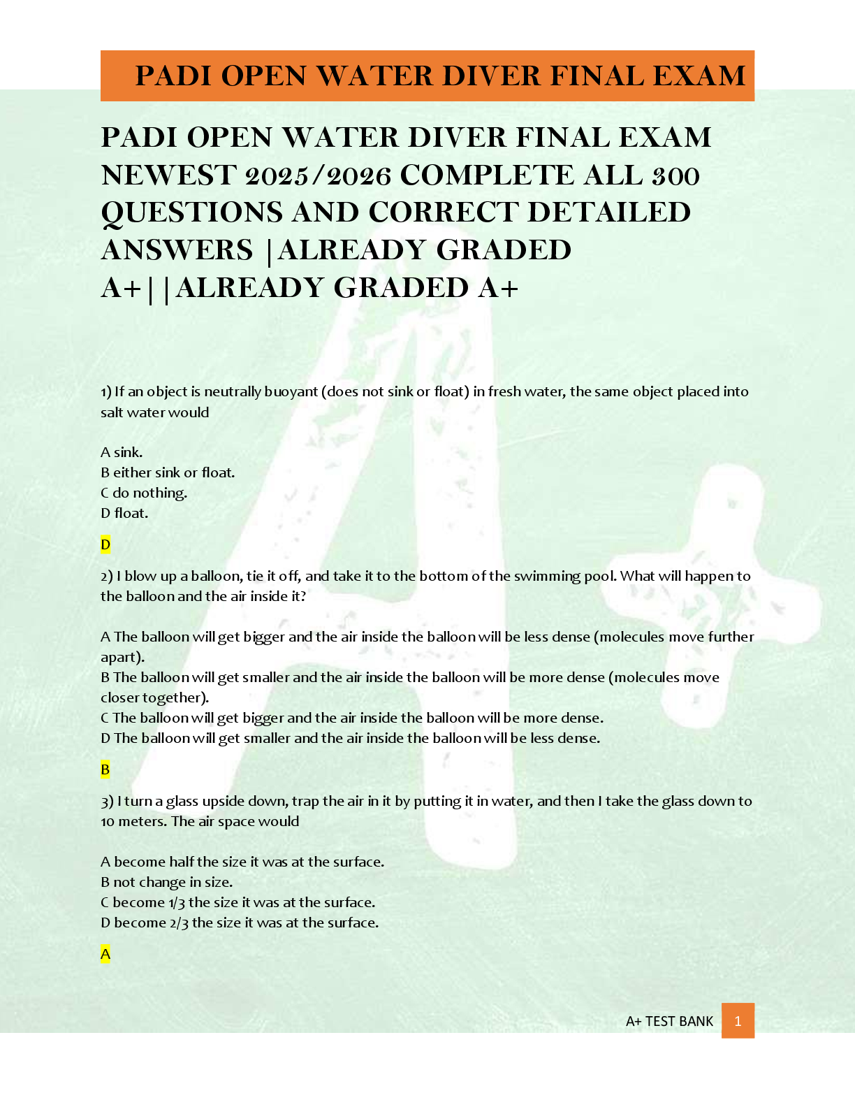 Recommended document preview for PADI OPEN WATER DIVER FINAL EXAM  NEWEST 2025/2026 COMPLETE ALL 300  QUESTIONS AND CORRECT DETAILED  ANSWERS |ALREADY GRADED  A+||ALREADY GRADED A+