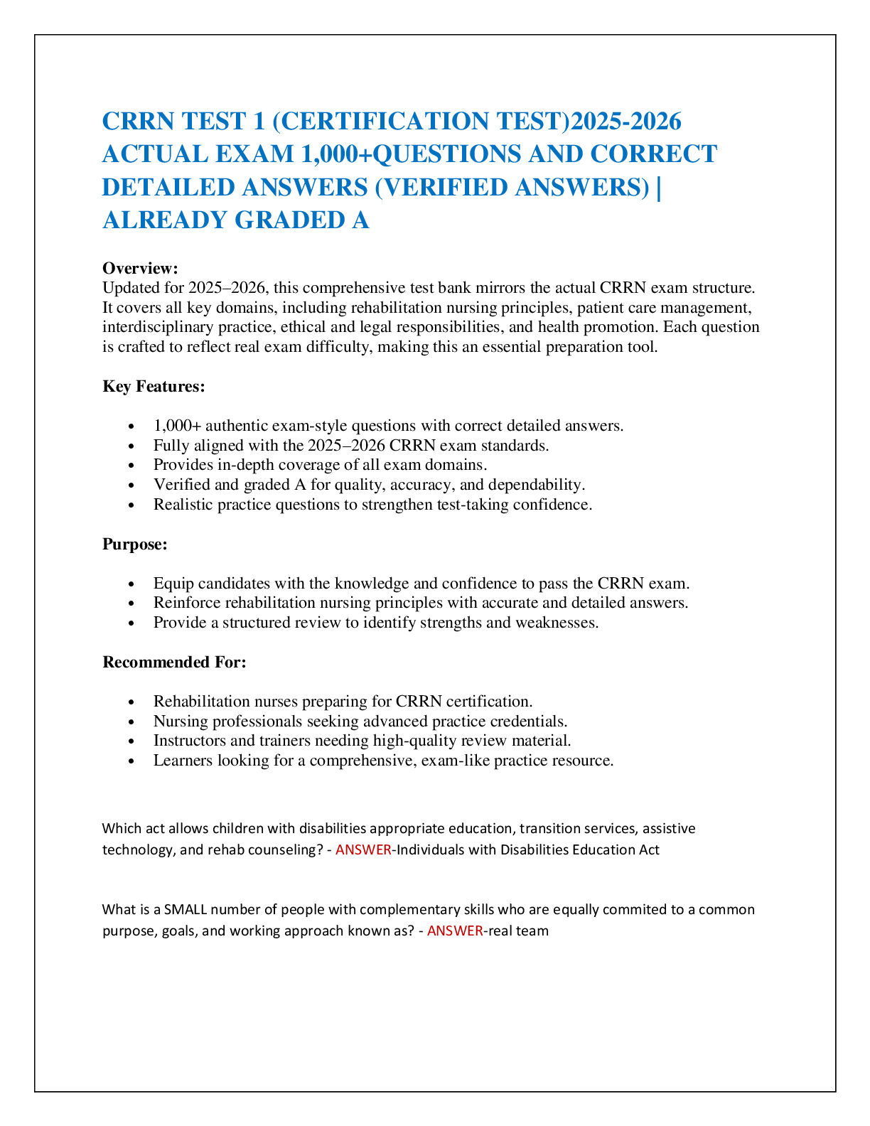 CRRN TEST 1 (CERTIFICATION TEST)2025-2026  ACTUAL EXAM 1,000+QUESTIONS AND CORRECT  DETAILED ANSWERS (VERIFIED ANSWERS) | ALREADY GRADED A
