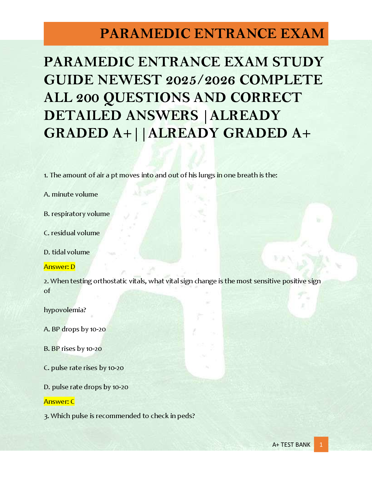 Preview of PARAMEDIC ENTRANCE EXAM STUDY  GUIDE NEWEST 2025/2026 COMPLETE  ALL 200 QUESTIONS AND CORRECT  DETAILED ANSWERS |ALREADY  GRADED A+||ALREADY GRADED A+