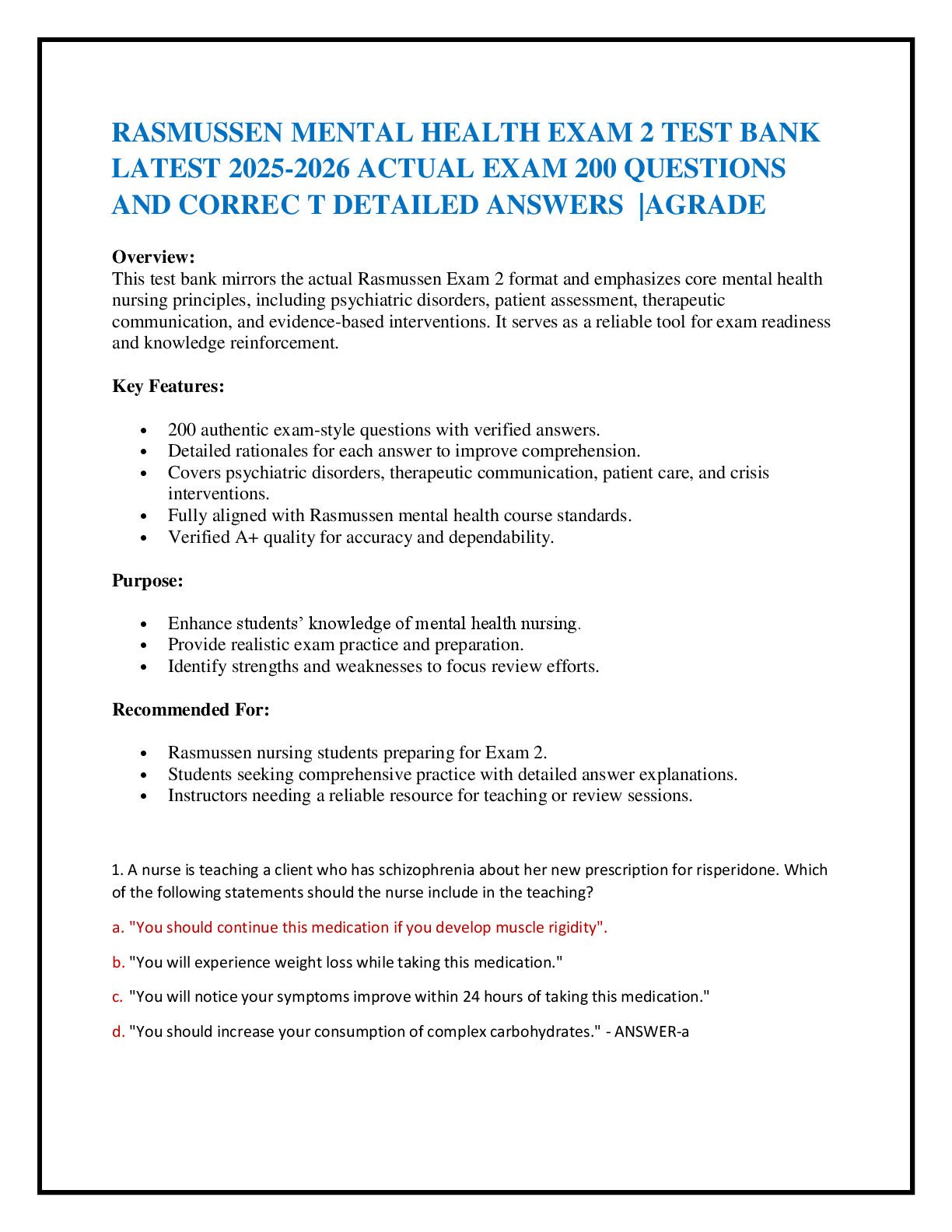 Preview of RASMUSSEN MENTAL HEALTH EXAM 2 TEST BANK  LATEST 2025-2026 ACTUAL EXAM 200 QUESTIONS  AND CORREC T DETAILED ANSWERS  |AGRADE