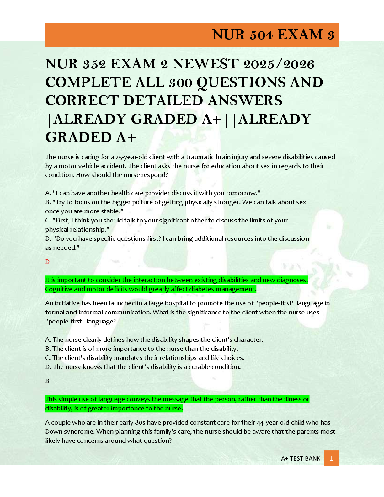 Preview of NUR 352 EXAM 2 NEWEST 2025/2026  COMPLETE ALL 300 QUESTIONS AND  CORRECT DETAILED ANSWERS