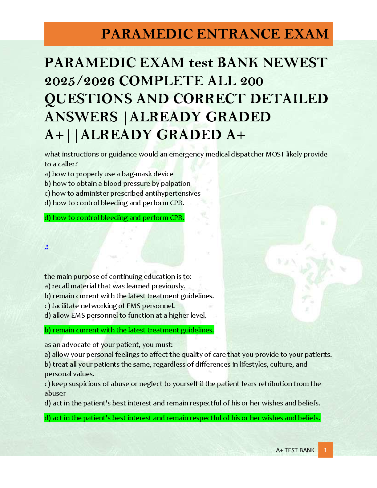 Preview of PARAMEDIC EXAM test BANK NEWEST  2025/2026 COMPLETE ALL 200  QUESTIONS AND CORRECT DETAILE