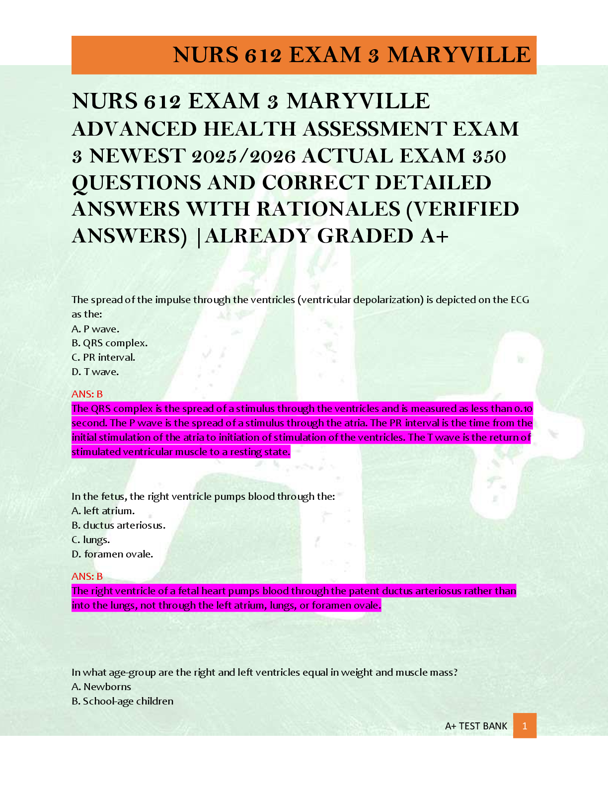 Preview of NURS 612 EXAM 3 MARYVILLE  ADVANCED HEALTH ASSESSMENT EXAM  3 NEWEST 2025/2026 ACTUAL EXAM