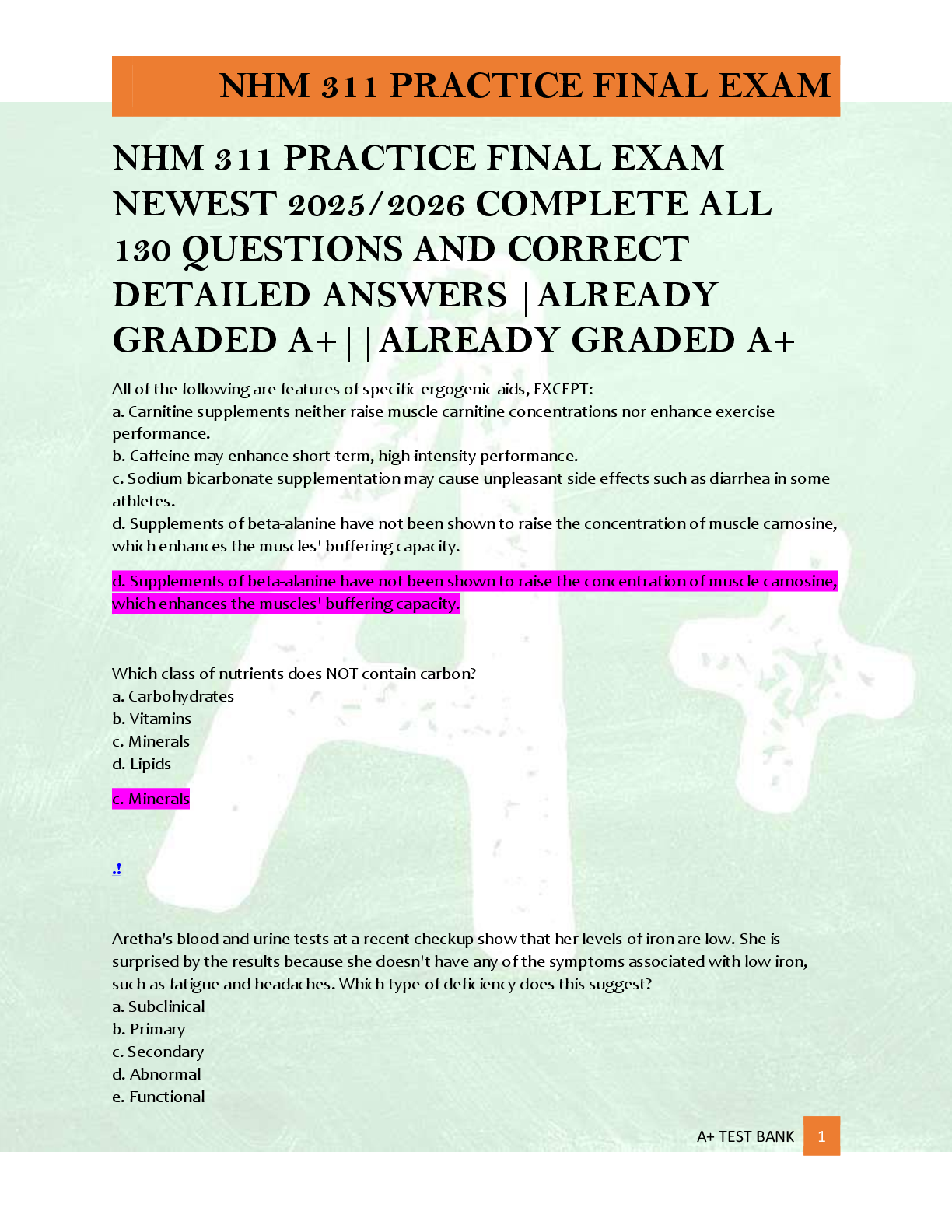 Recommended document preview for NHM 311 PRACTICE FINAL EXAM  NEWEST 2025/2026 COMPLETE ALL  130 QUESTIONS AND CORRECT  DETAILED ANSWERS |ALREADY  GRADED A+||ALREADY GRADED A+