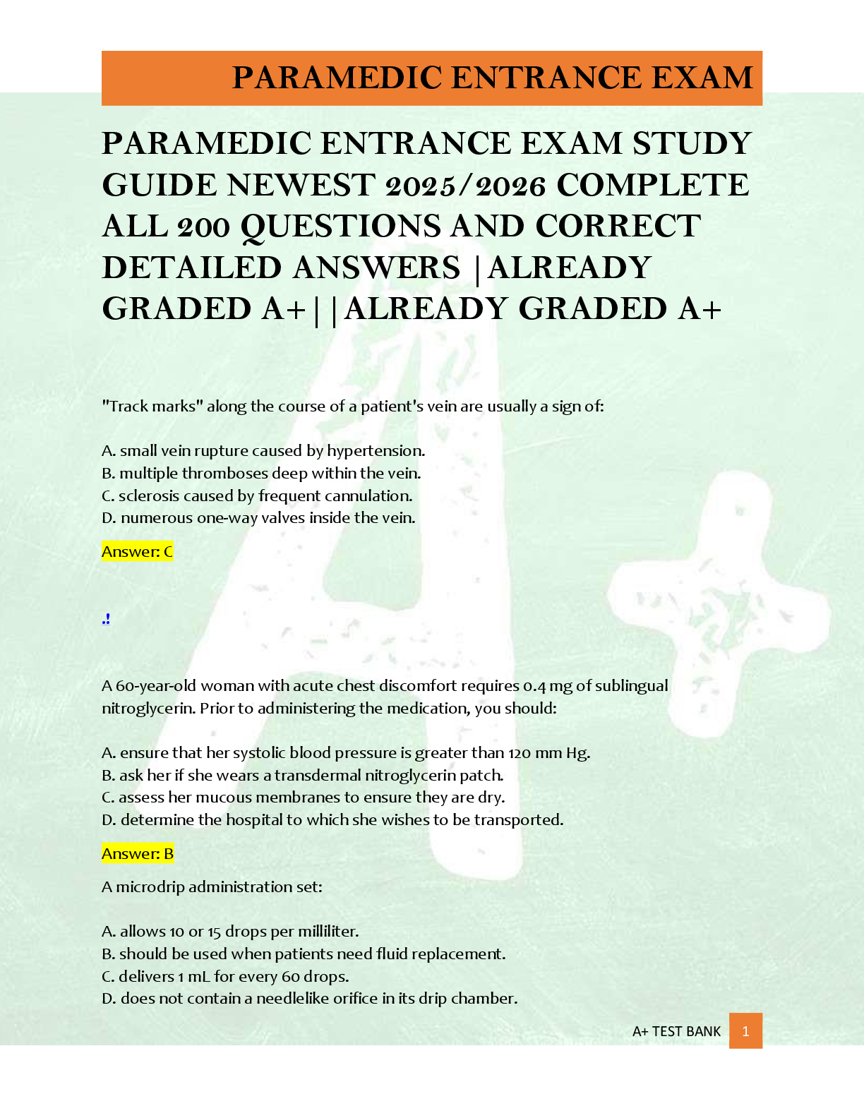 Preview of PARAMEDIC ENTRANCE EXAM STUDY  GUIDE NEWEST 2025/2026 COMPLETE  ALL 200 QUESTIONS AND CORRECT  DETAILED ANSWERS |ALREADY  GRADED A+||ALREADY GRADED A+