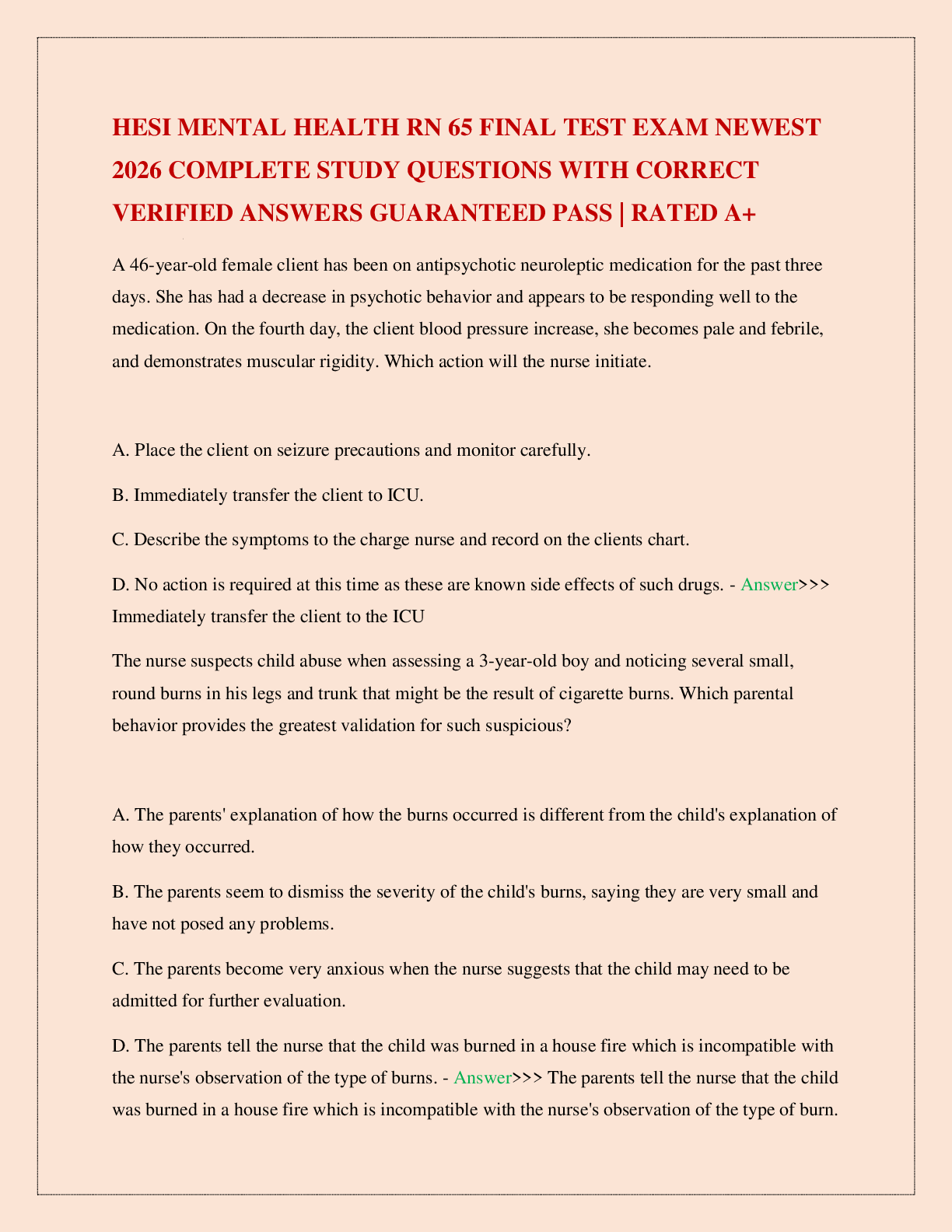 Preview image for HESI MENTAL HEALTH RN 65 FINAL TEST EXAM NEWEST 2026 COMPLETE STUDY QUESTIONS WITH CORRECT VERIFIED ANSWERS GUARANTEED PASS | RATED A+