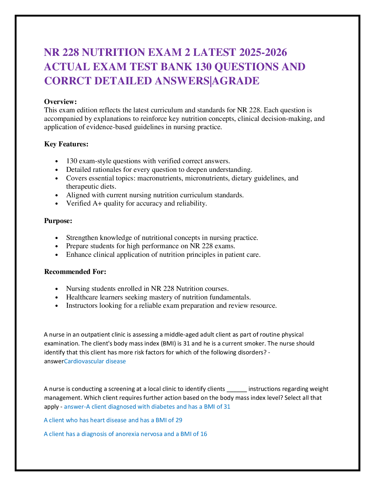 Preview image for NR 228 NUTRITION EXAM 2 LATEST 2025-2026  ACTUAL EXAM TEST BANK 130 QUESTIONS AND CORRCT DETAILED ANSWERS|AGRADE