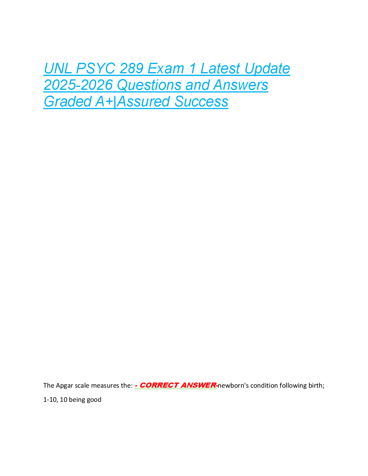 Preview of UNL PSYC 289 Exam 1 Latest Update  2025-2026 Questions and Answers  Graded A+|Assured Succ