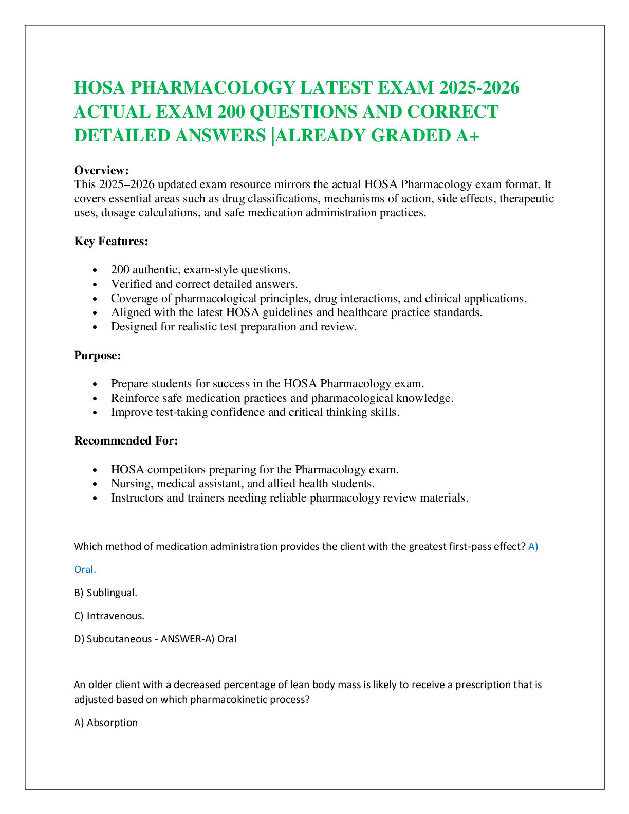 HOSA PHARMACOLOGY LATEST EXAM 2025-2026  ACTUAL EXAM 200 QUESTIONS AND CORRECT DETAILED ANSWERS |ALREADY GRADED A+